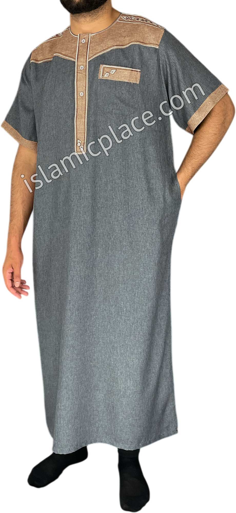 Gray and Khaki - Nawaz Style Short Sleeve Thob