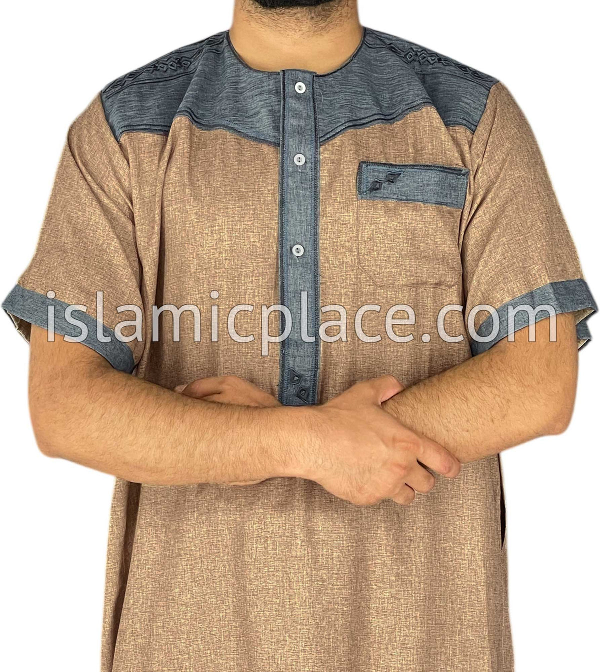 Khaki and Gray - Nawaz Style Short Sleeve Thob