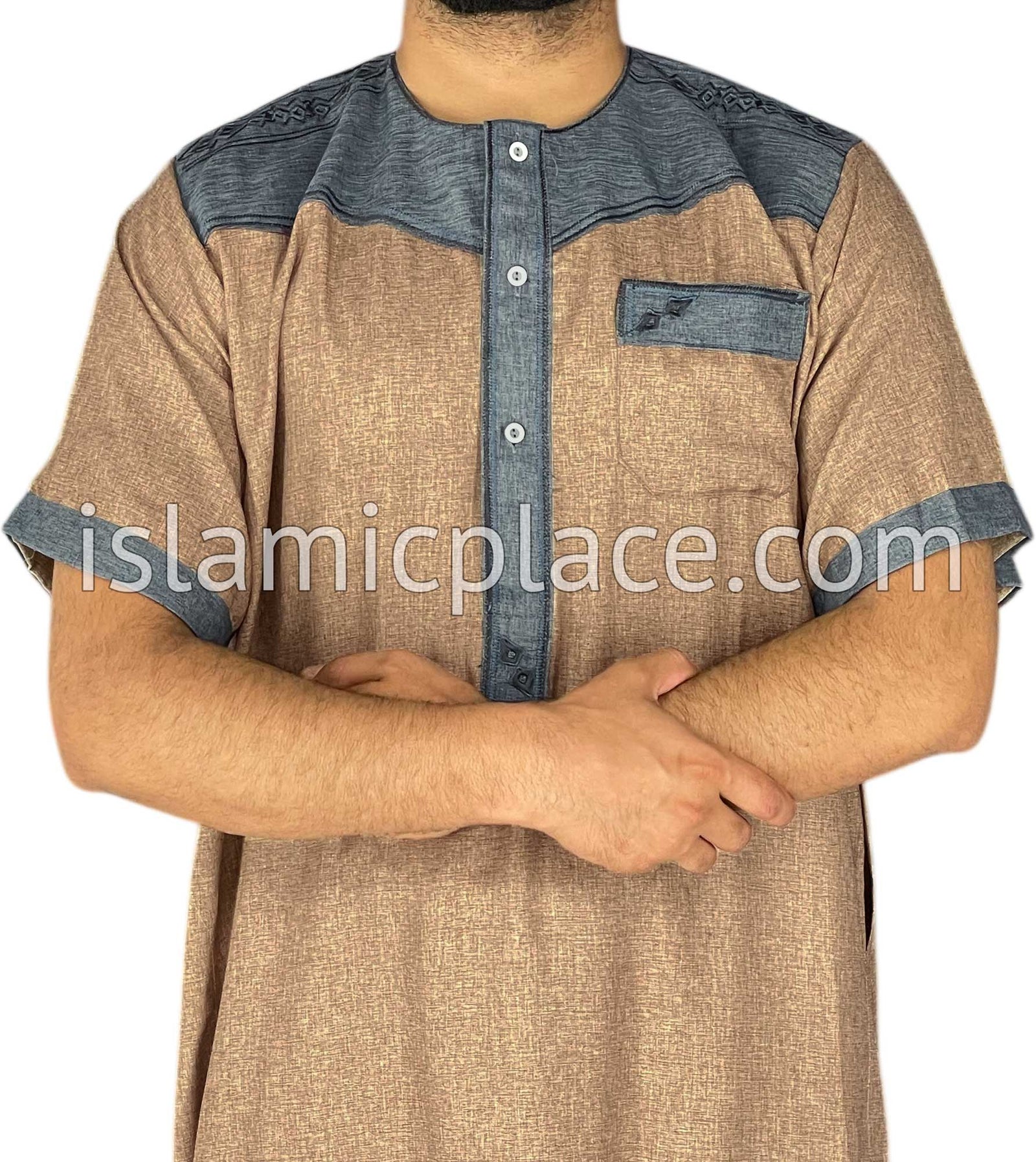 Khaki and Gray - Nawaz Style Short Sleeve Thob