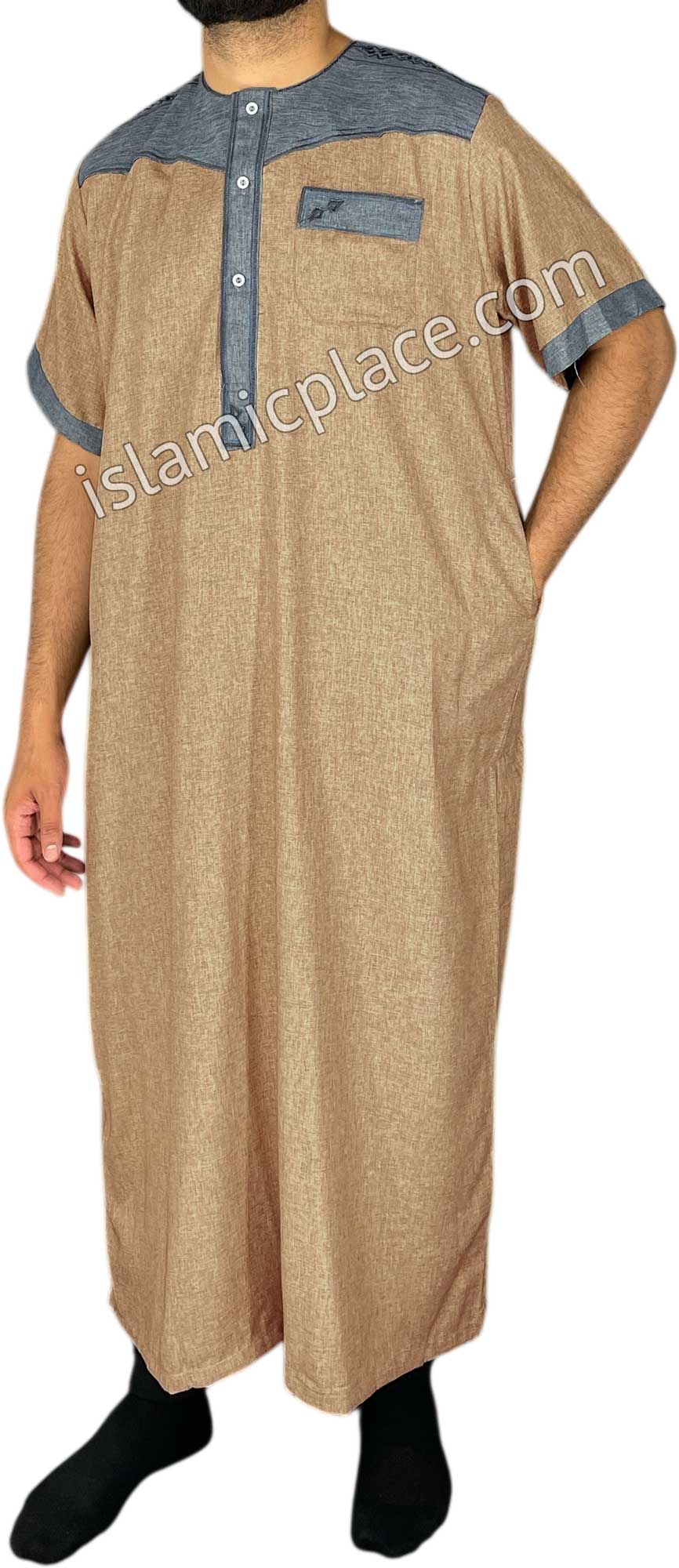 Khaki and Gray - Nawaz Style Short Sleeve Thob