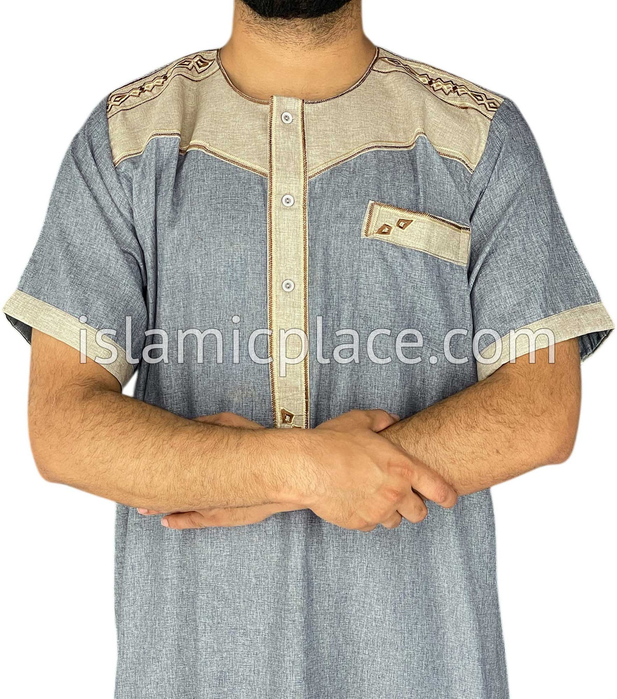Silver Gray and Beige - Nawaz Style Short Sleeve Thob