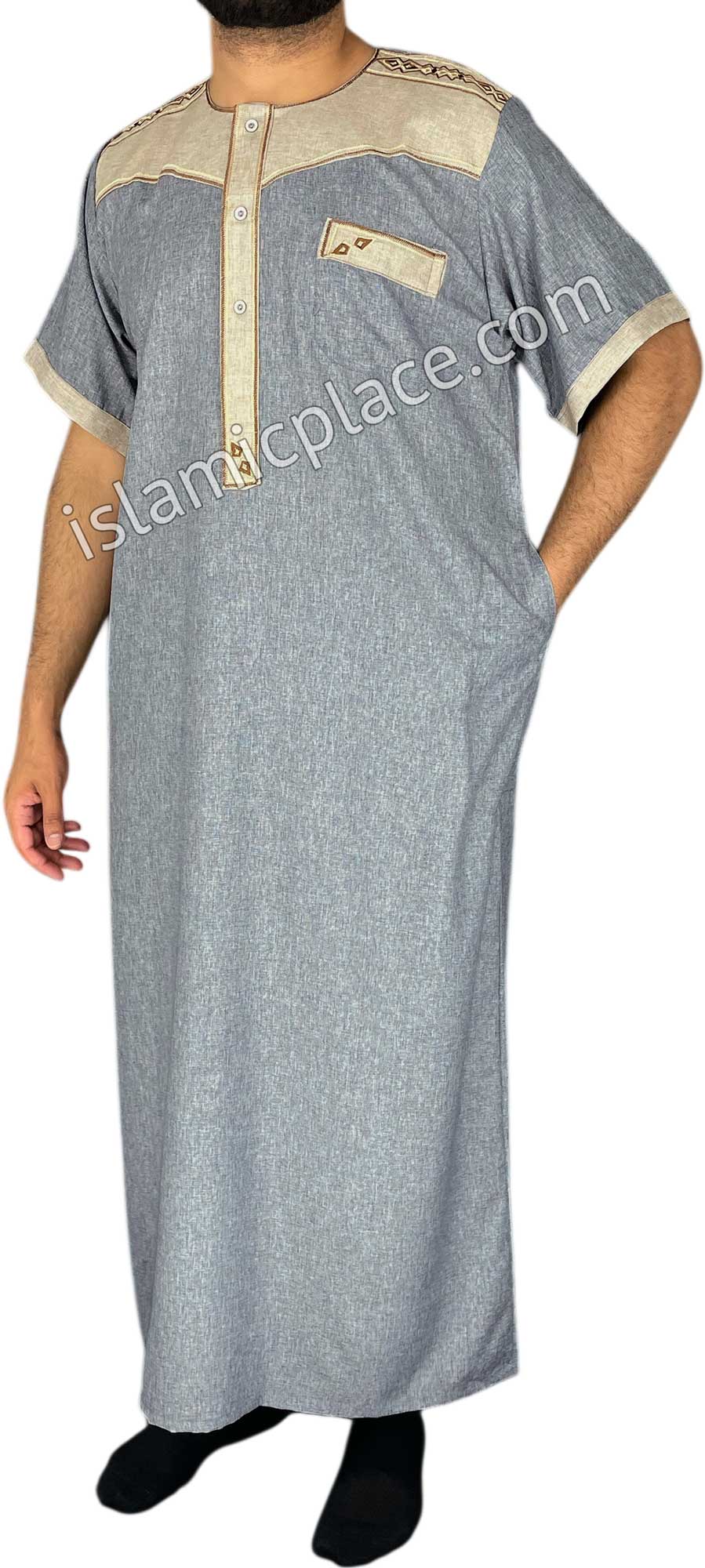 Silver Gray and Beige - Nawaz Style Short Sleeve Thob