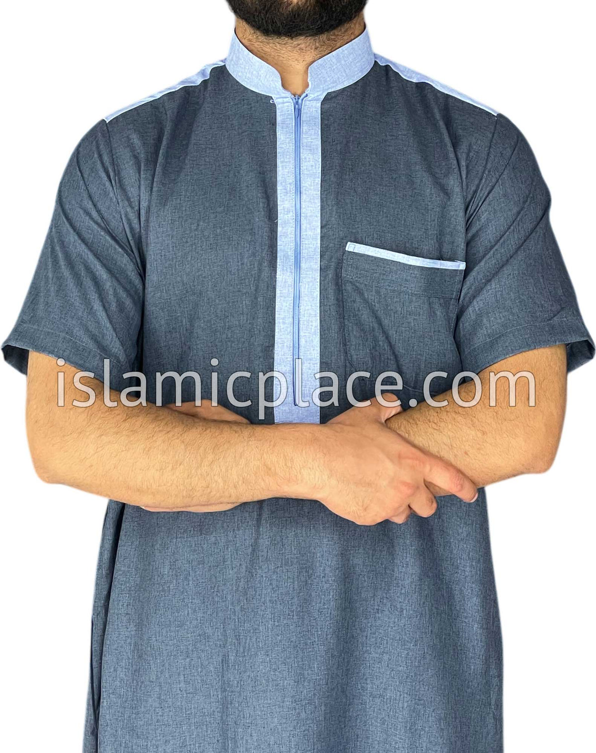 Denim and Sky Blue - Yazid Style Short Sleeve Thob
