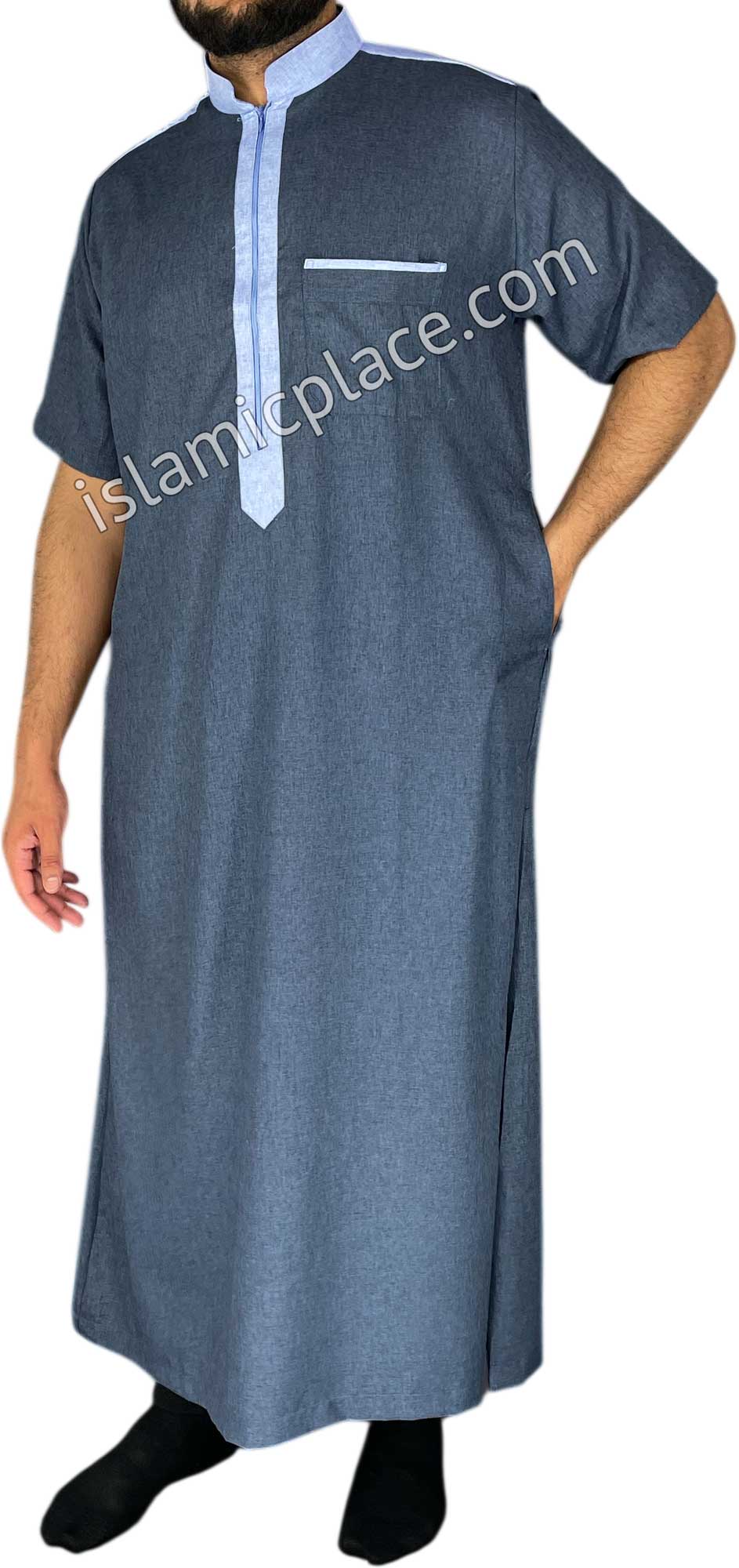 Denim and Sky Blue - Yazid Style Short Sleeve Thob