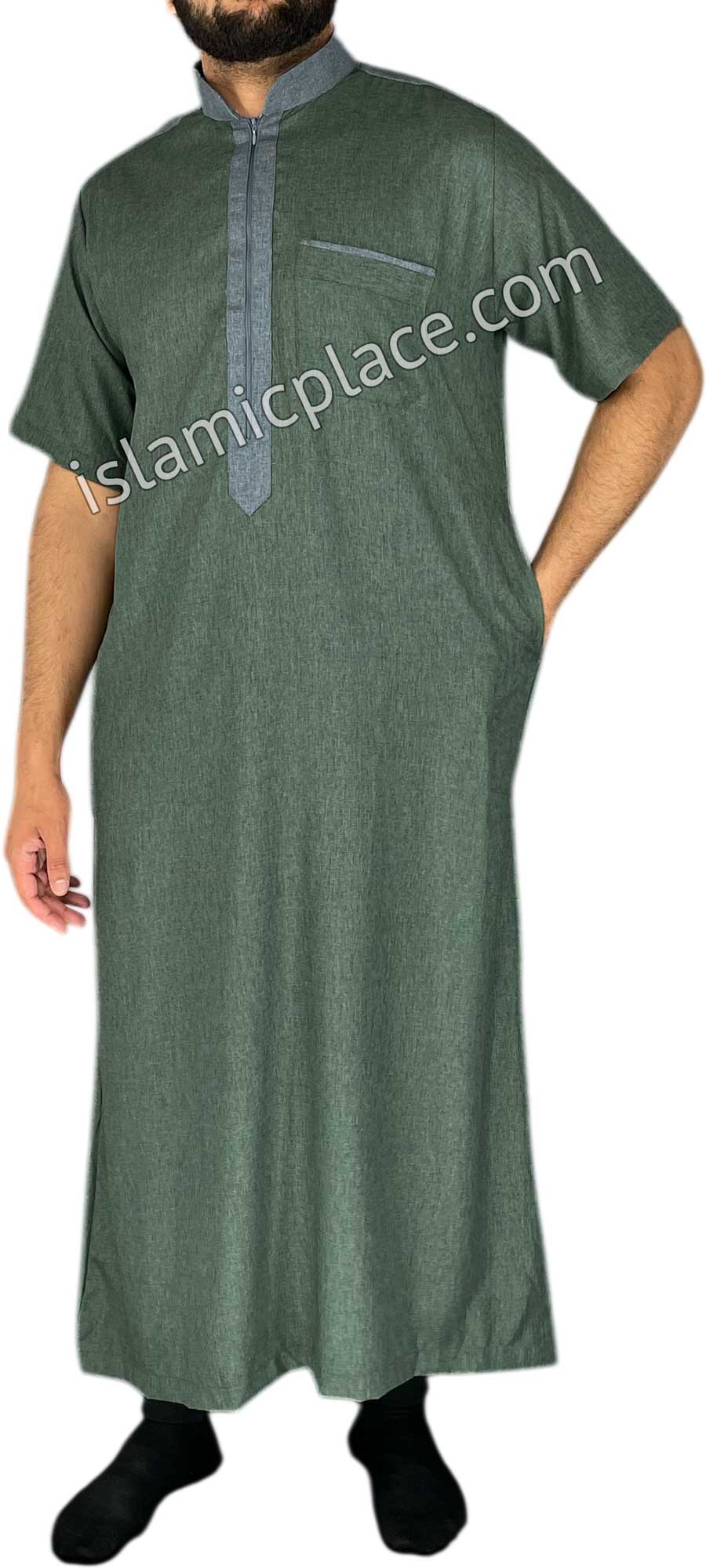 Green and Gray - Yazid Style Short Sleeve Thob