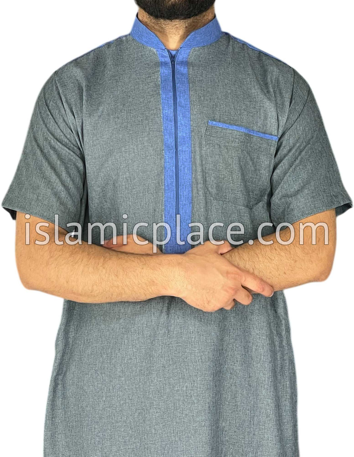 Heather Gray and Blue - Yazid Style Short Sleeve Thob