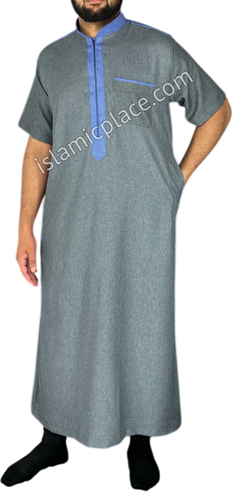 Heather Gray and Blue - Yazid Style Short Sleeve Thob