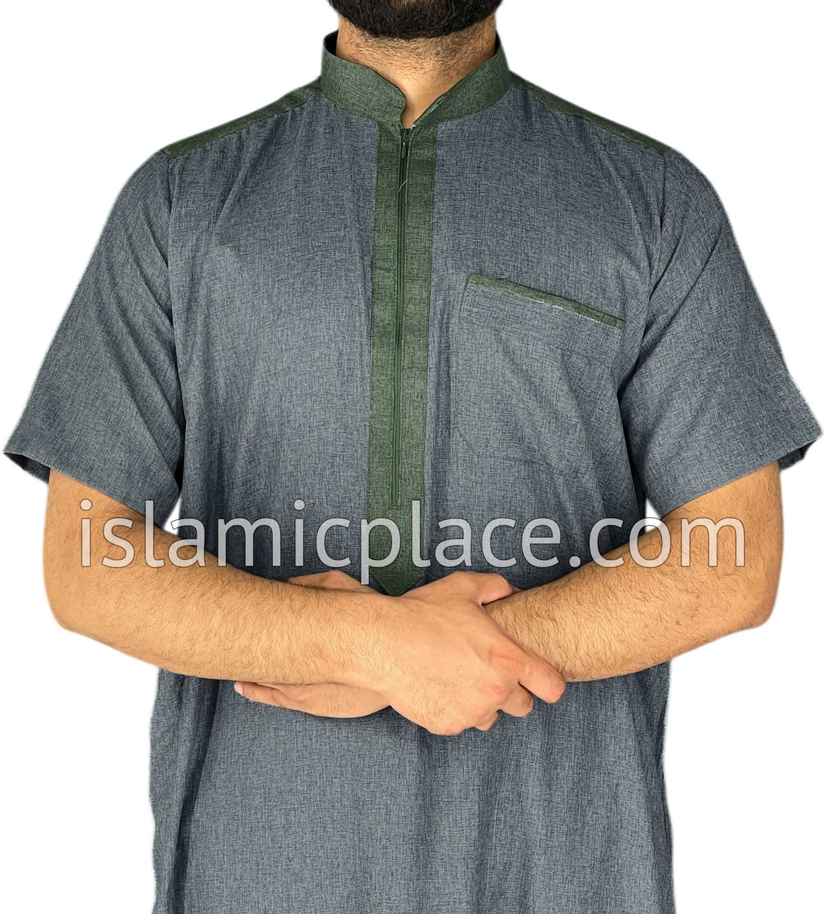 Heather Gray and Green - Yazid Style Short Sleeve Thob