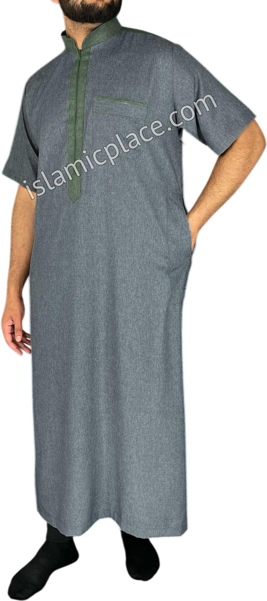 Heather Gray and Green - Yazid Style Short Sleeve Thob