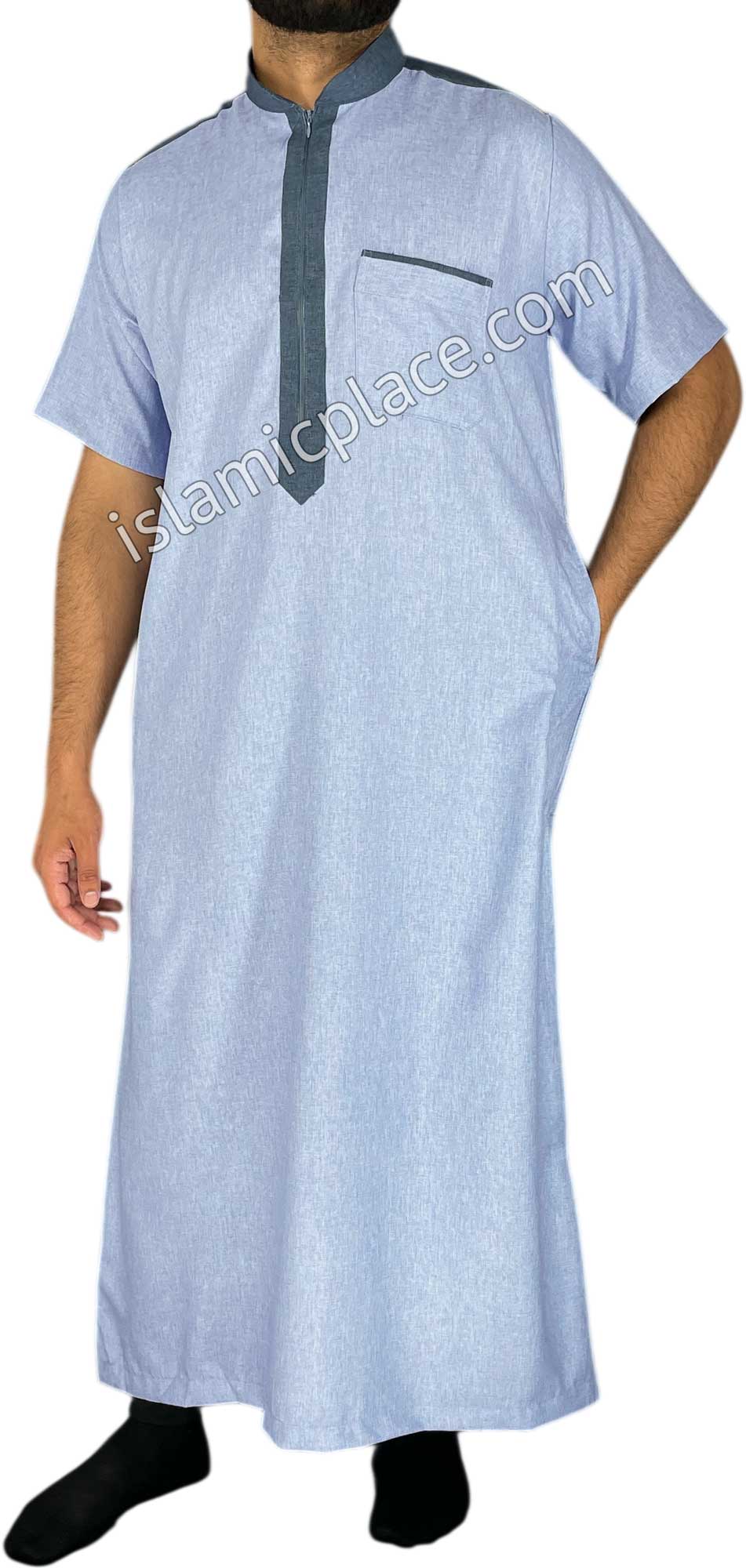 Sky Blue and Denim Blue - Yazid Style Short Sleeve Thob