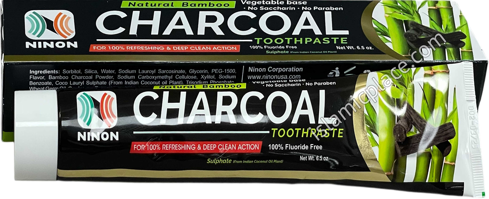 Charcoal Toothpaste - 5 in 1 (Thyme Oil, Coconut Oil, Bamboo Charcoal, Wheat Germ, Cardamom) 6.5 oz - Ninon