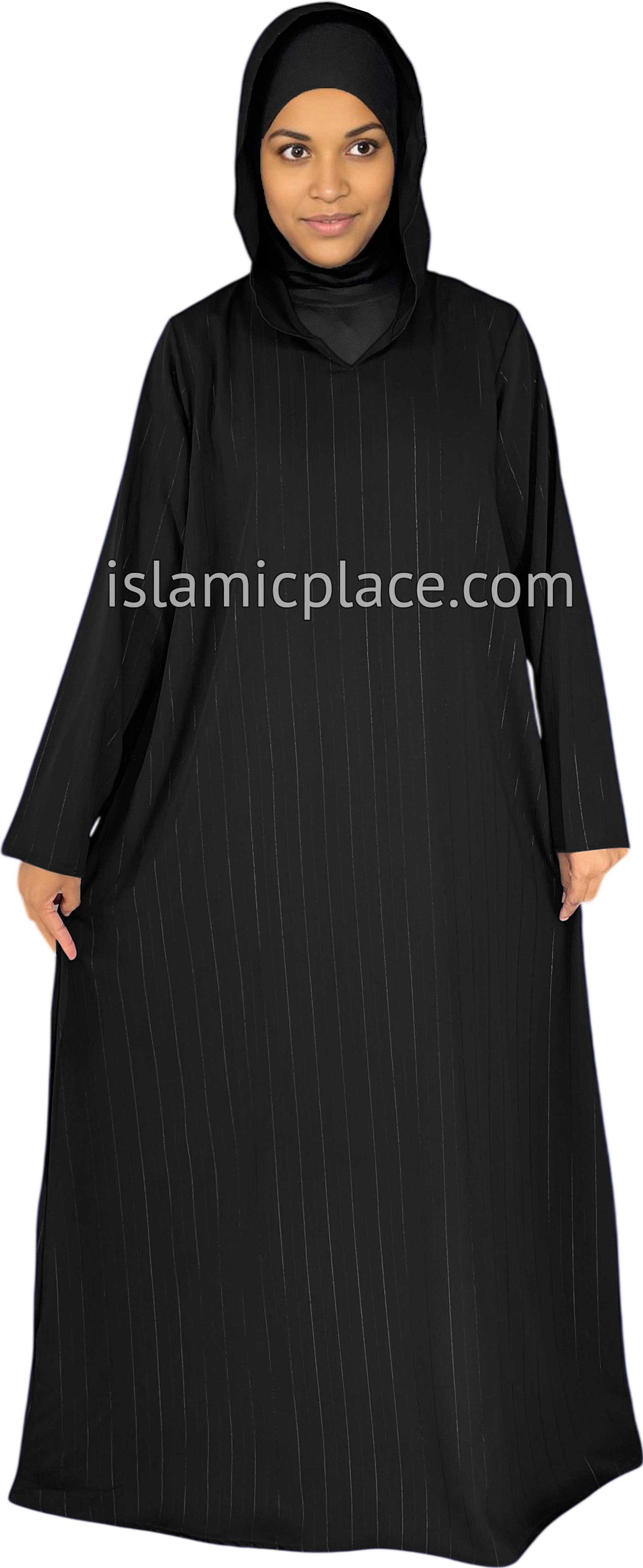 Black - Haleema Style Moroccan Hooded Abaya with Gold Pinstripe