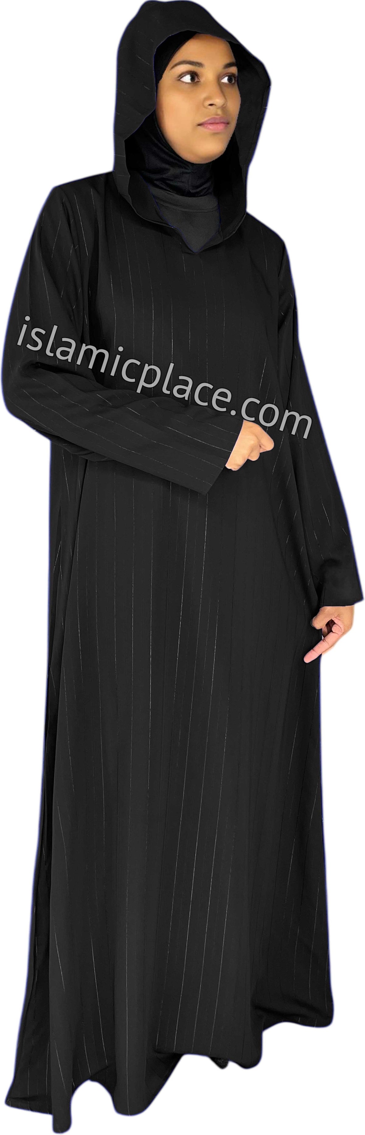 Black - Haleema Style Moroccan Hooded Abaya with Gold Pinstripe