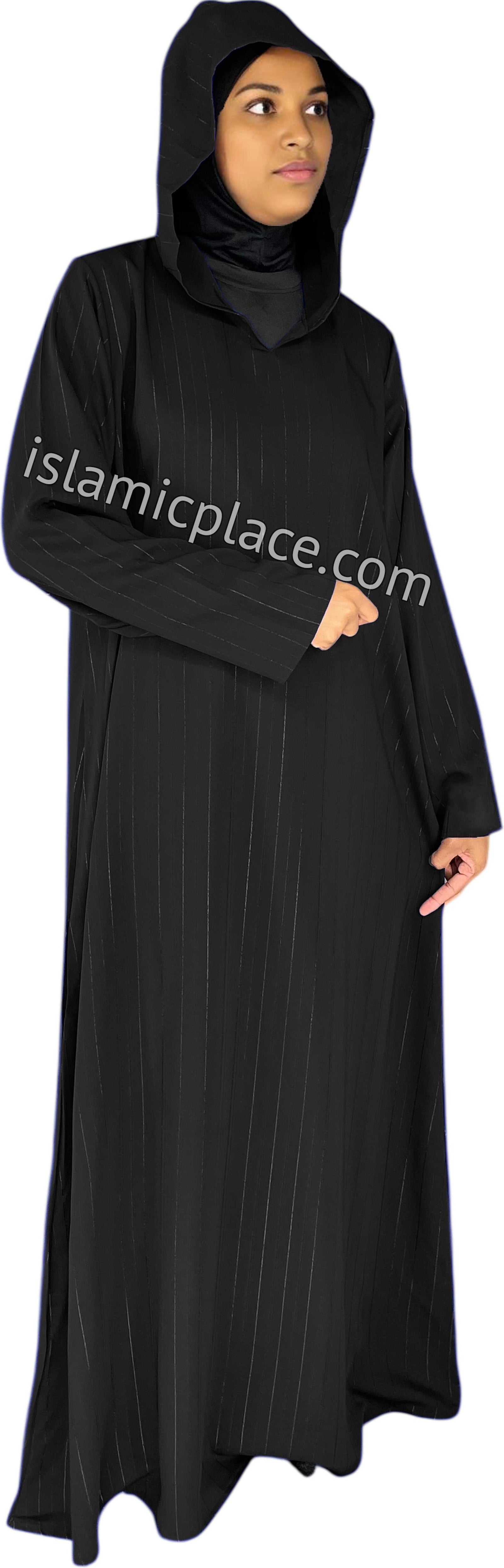 Black - Haleema Style Moroccan Hooded Abaya with Gold Pinstripe