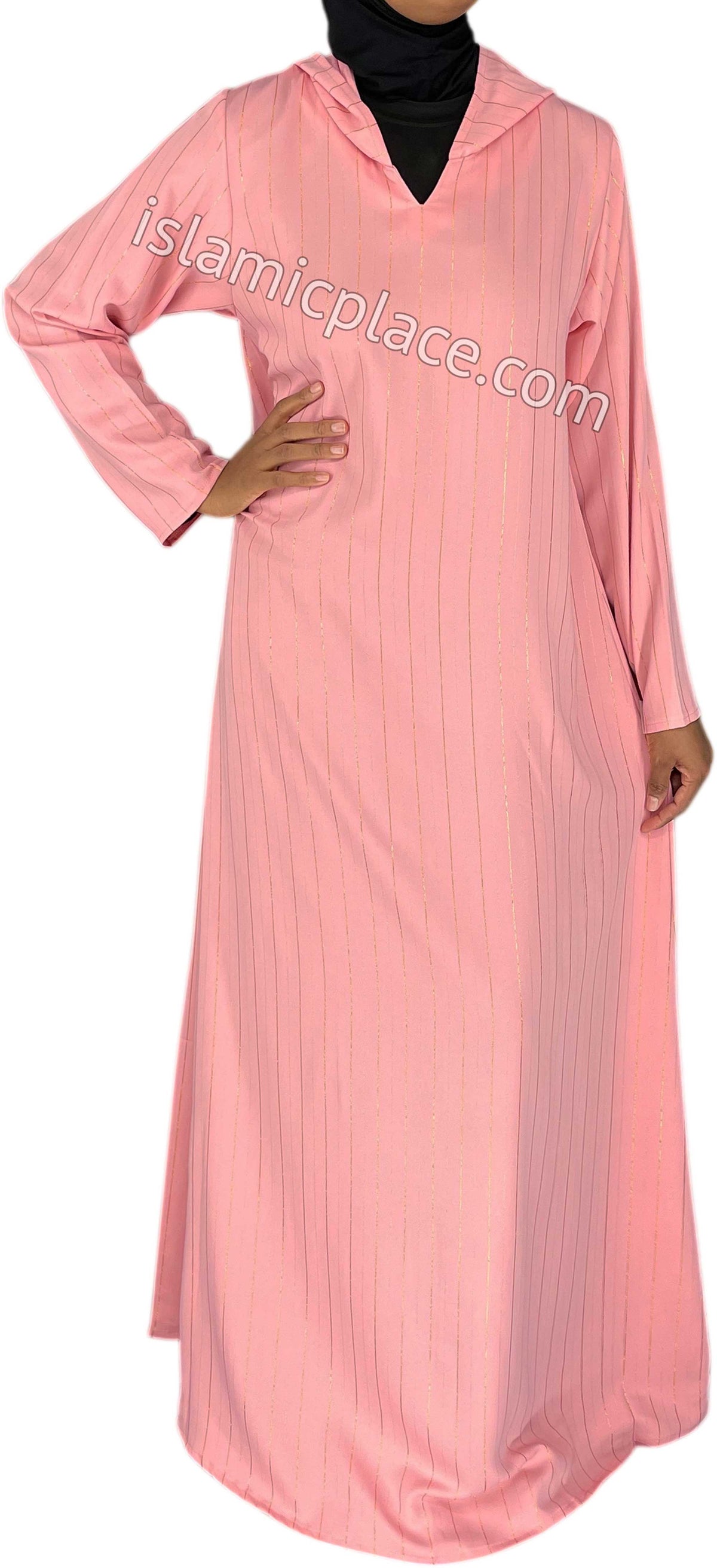 Blushing Pink - Haleema Style Moroccan Hooded Abaya with Gold Pinstripe