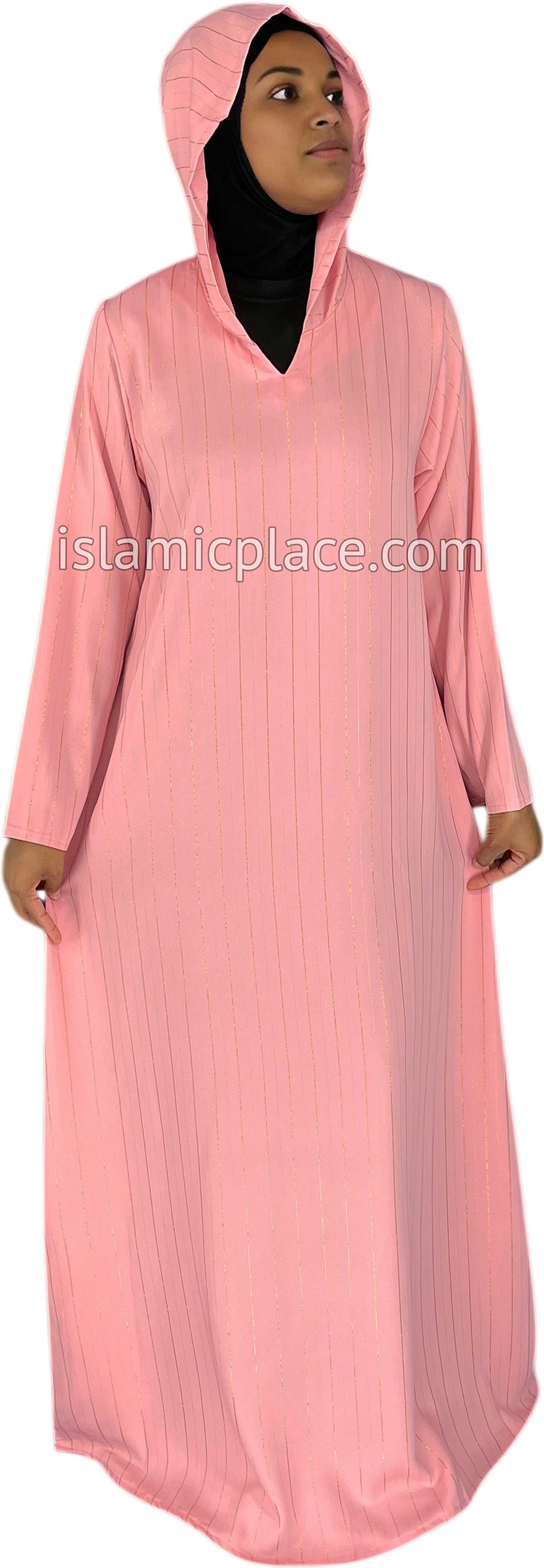 Blushing Pink - Haleema Style Moroccan Hooded Abaya with Gold Pinstripe