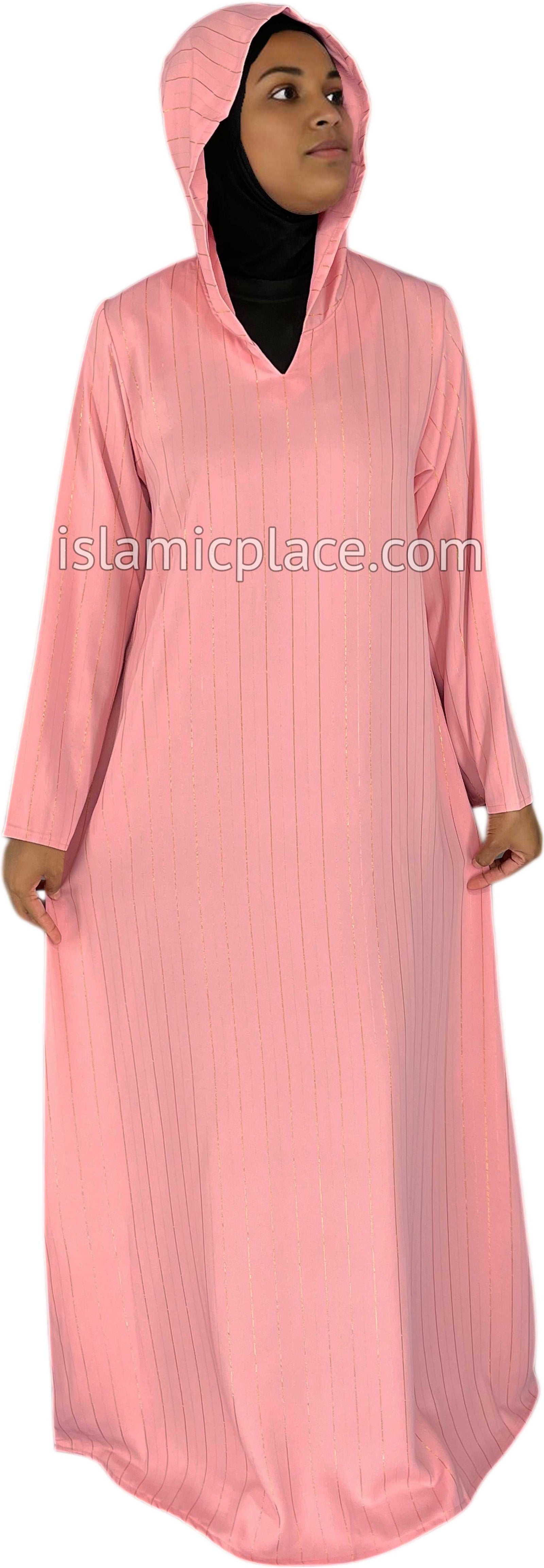 Blushing Pink - Haleema Style Moroccan Hooded Abaya with Gold Pinstripe