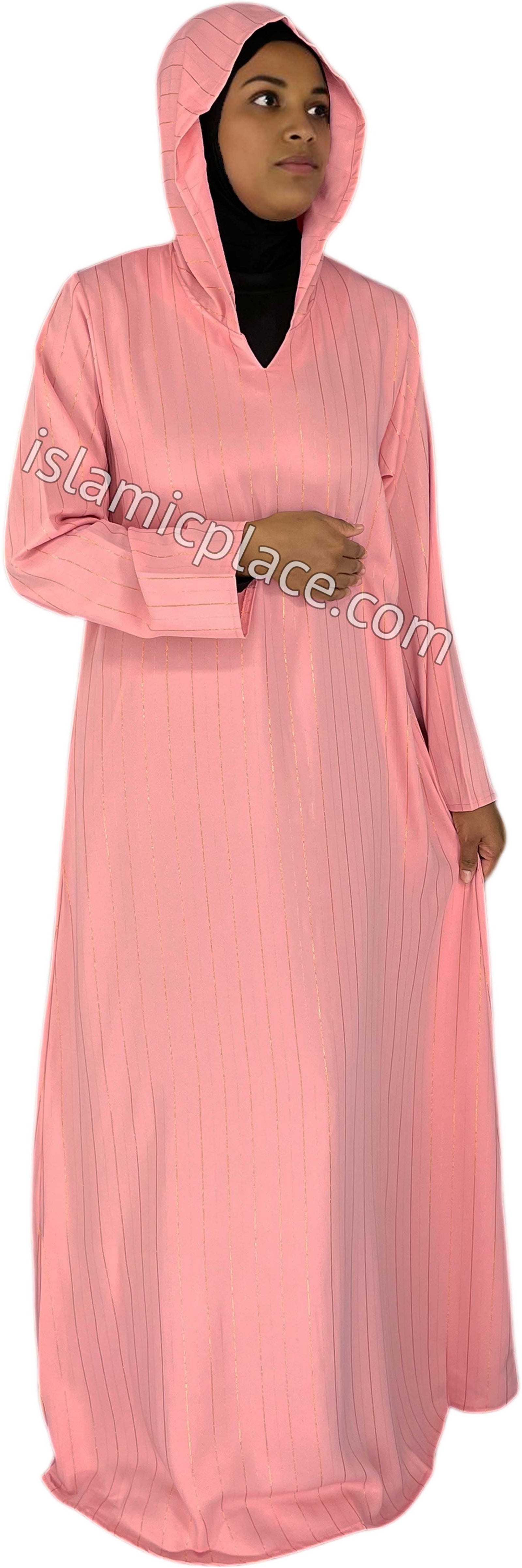 Blushing Pink - Haleema Style Moroccan Hooded Abaya with Gold Pinstripe