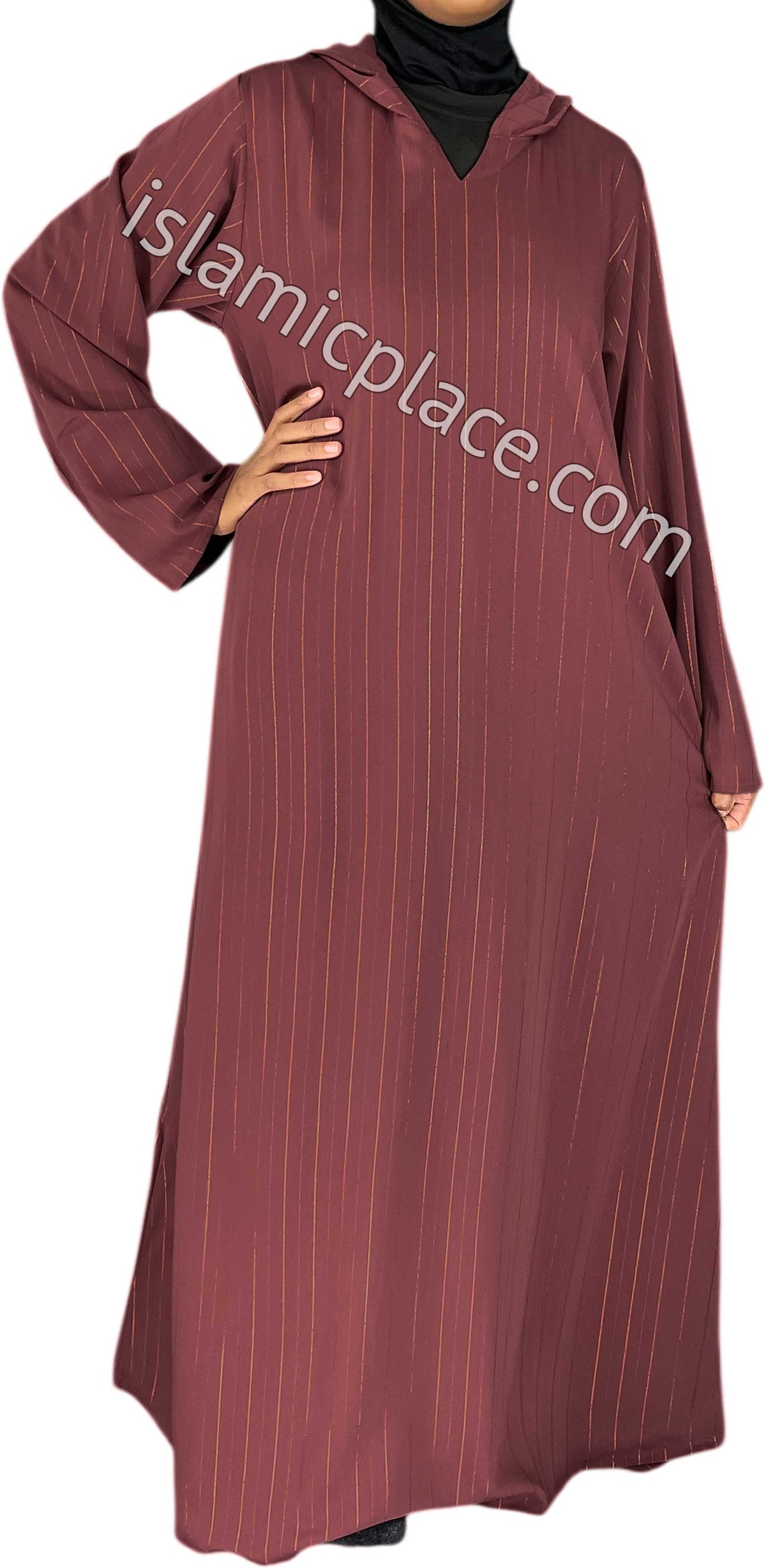 Brick Red - Haleema Style Moroccan Hooded Abaya with Gold Pinstripe