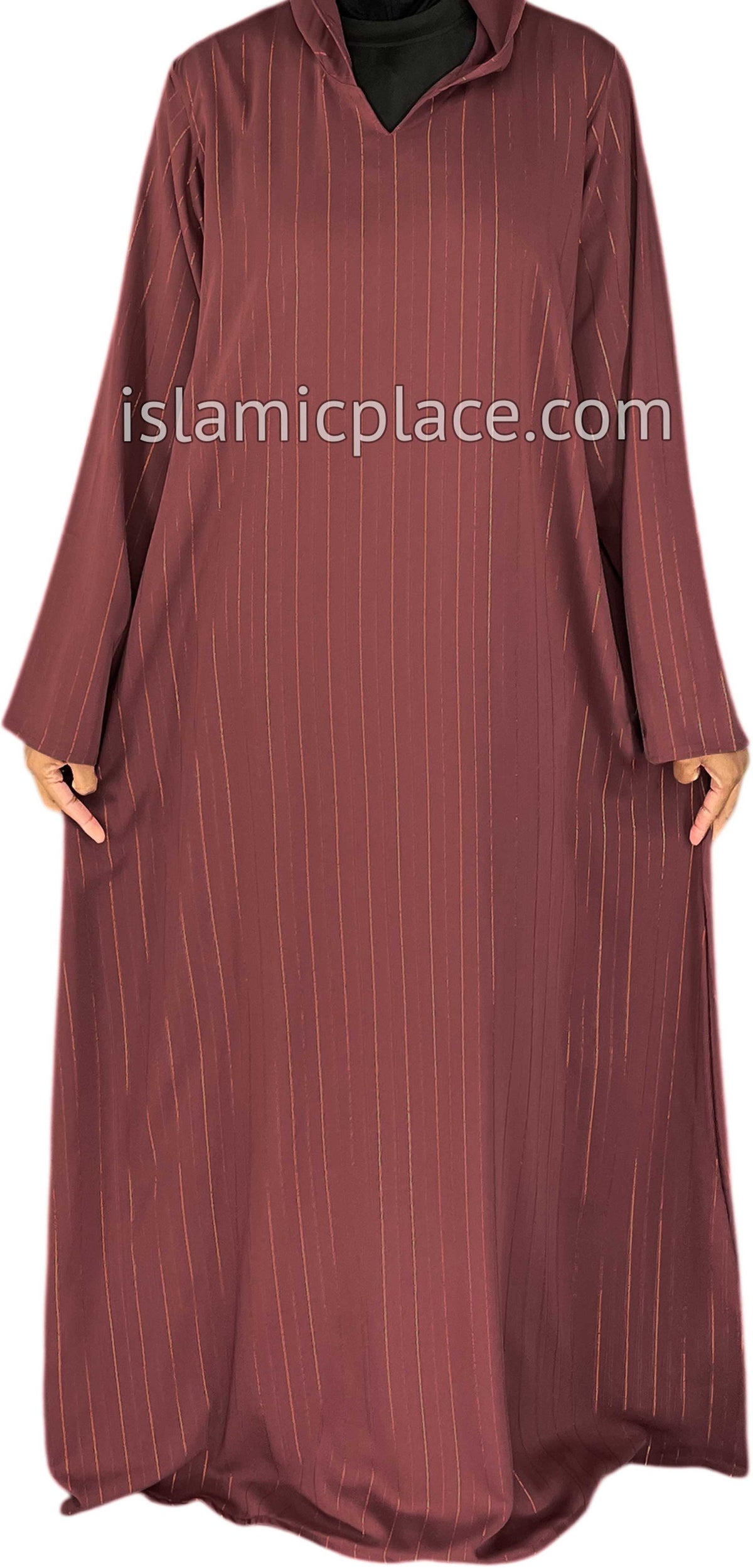 Brick Red - Haleema Style Moroccan Hooded Abaya with Gold Pinstripe