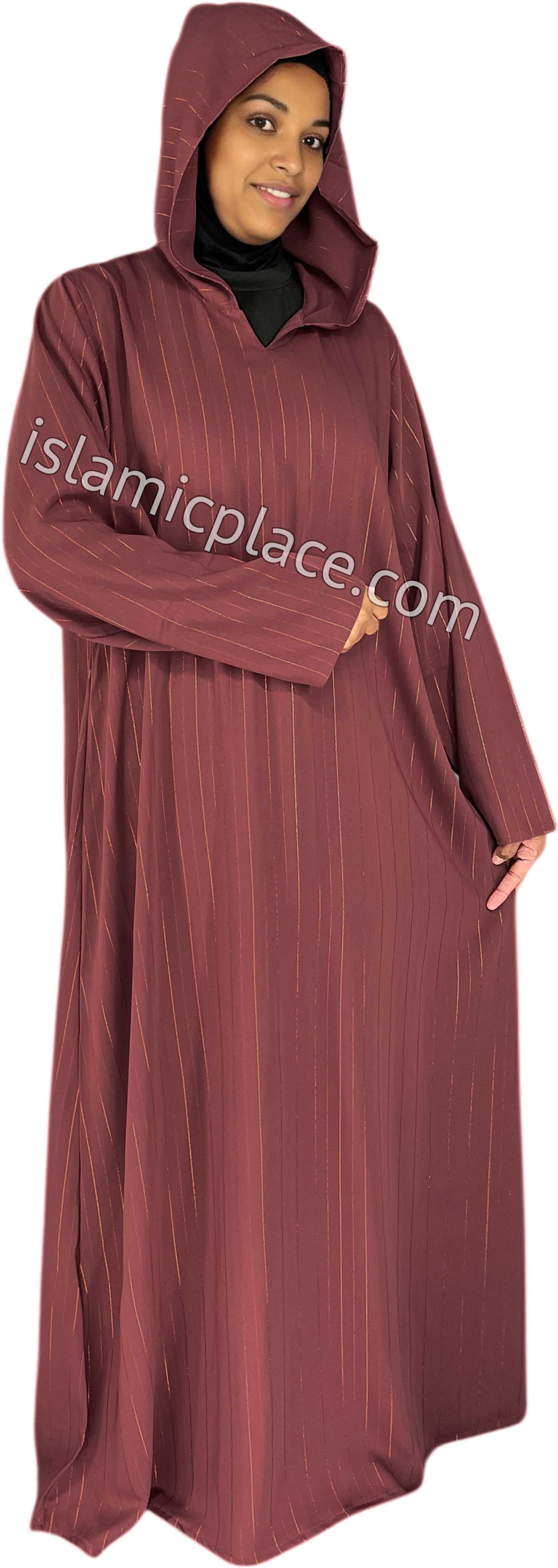 Brick Red - Haleema Style Moroccan Hooded Abaya with Gold Pinstripe