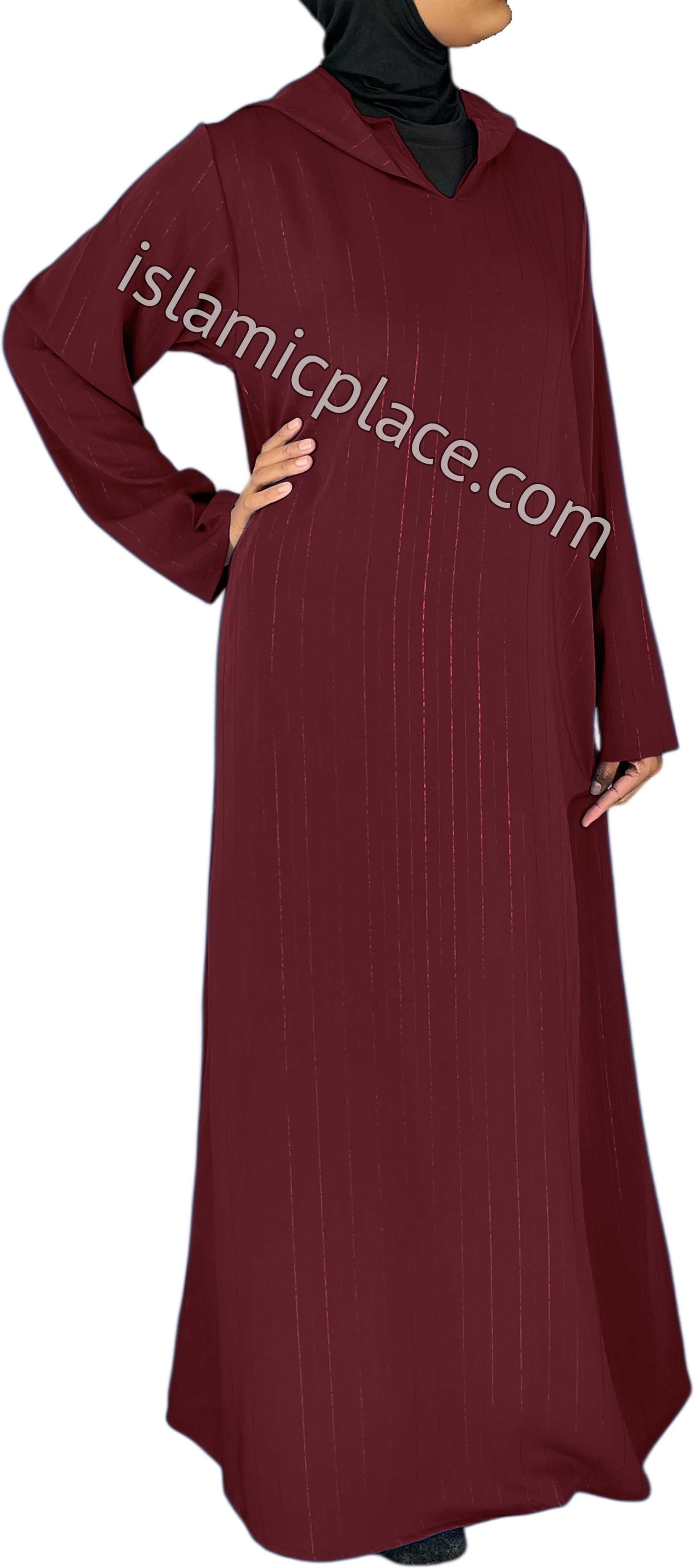 Burgundy - Haleema Style Moroccan Hooded Abaya with Gold Pinstripe