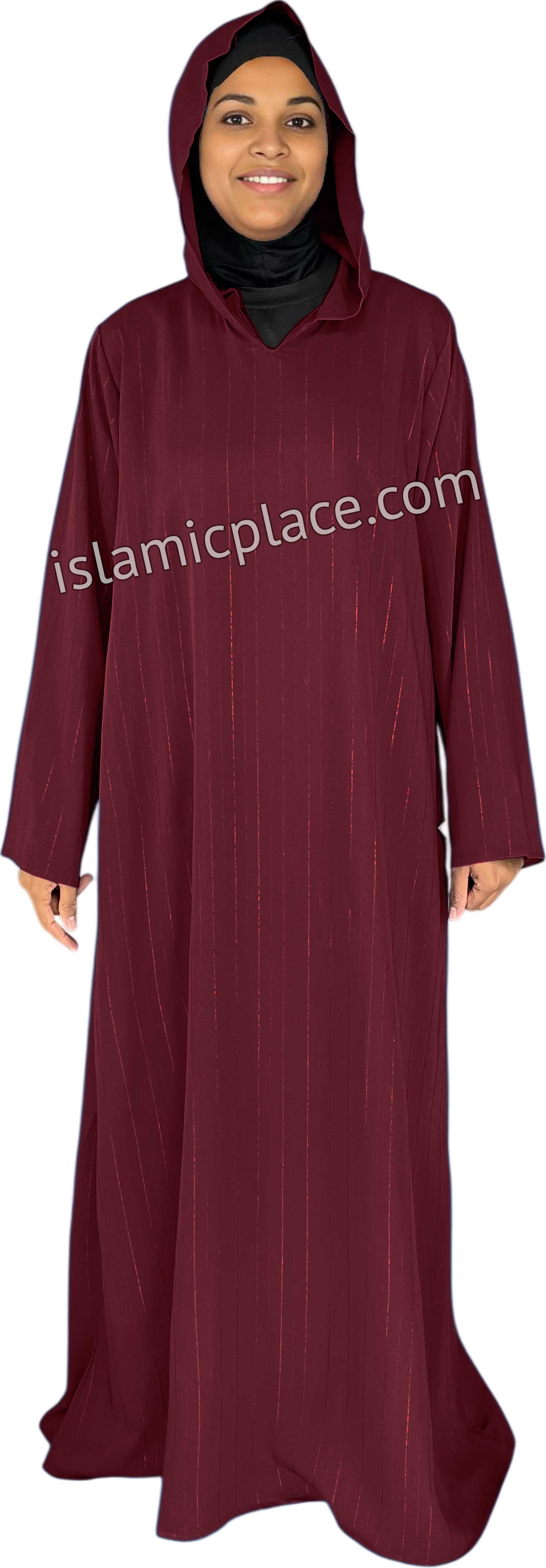 Burgundy - Haleema Style Moroccan Hooded Abaya with Gold Pinstripe