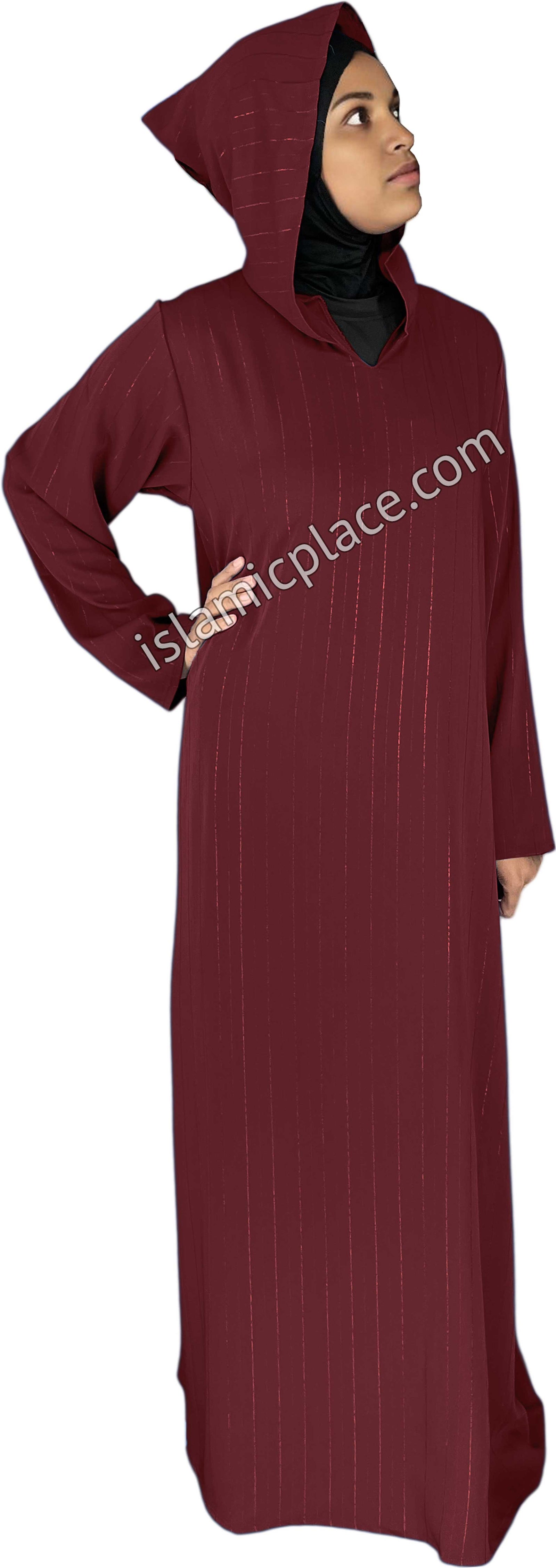 Burgundy - Haleema Style Moroccan Hooded Abaya with Gold Pinstripe