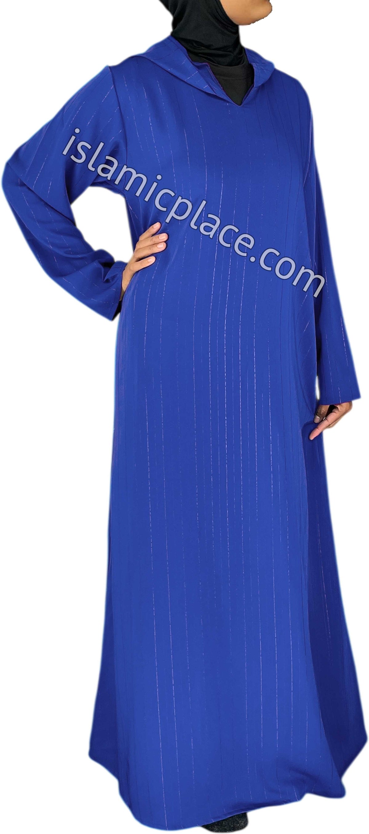 Cobalt Blue - Haleema Style Moroccan Hooded Abaya with Gold Pinstripe