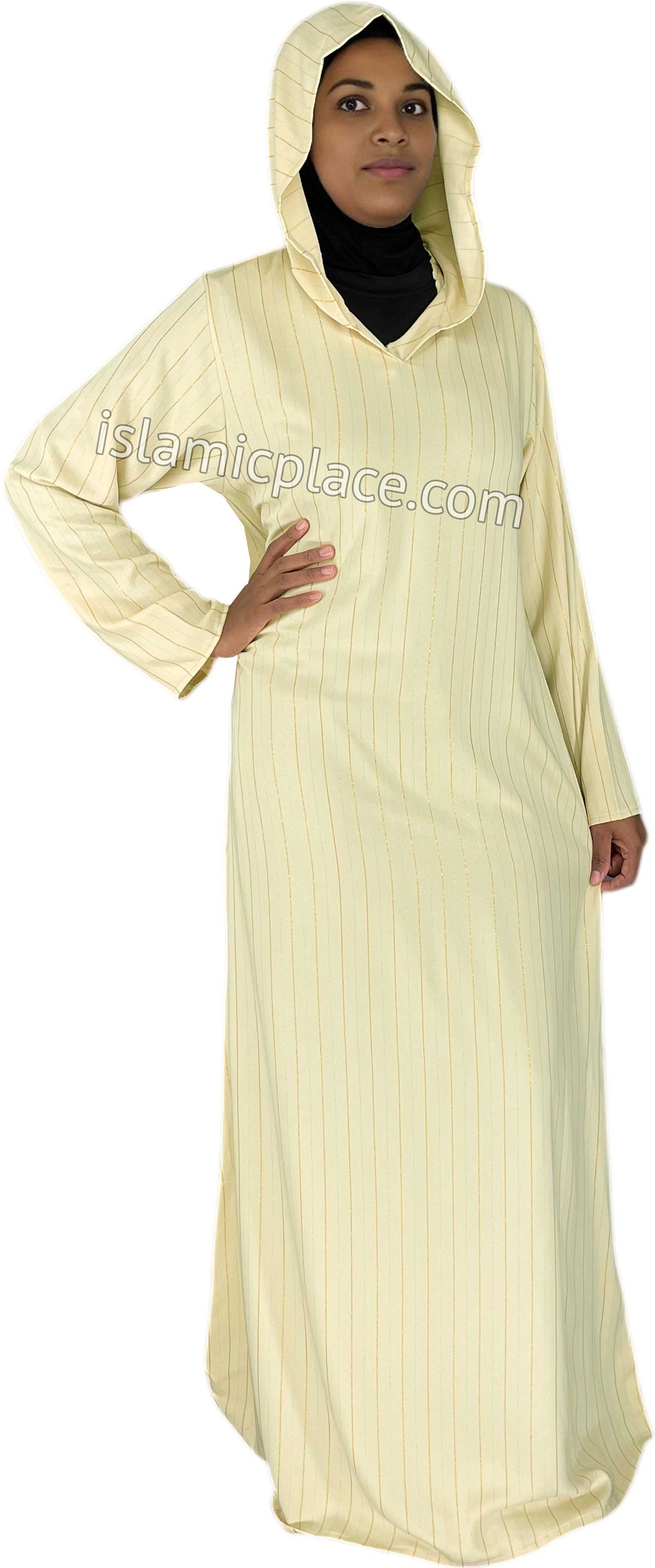 Cream - Haleema Style Moroccan Hooded Abaya with Gold Pinstripe