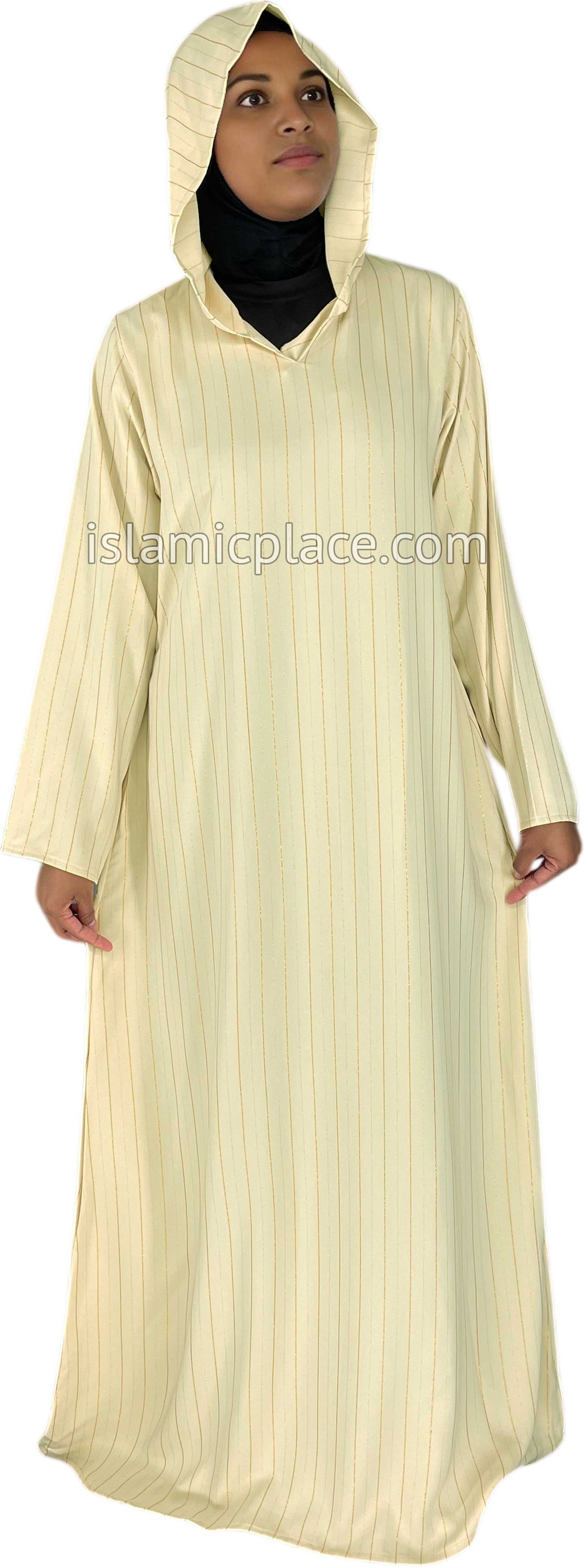 Cream - Haleema Style Moroccan Hooded Abaya with Gold Pinstripe