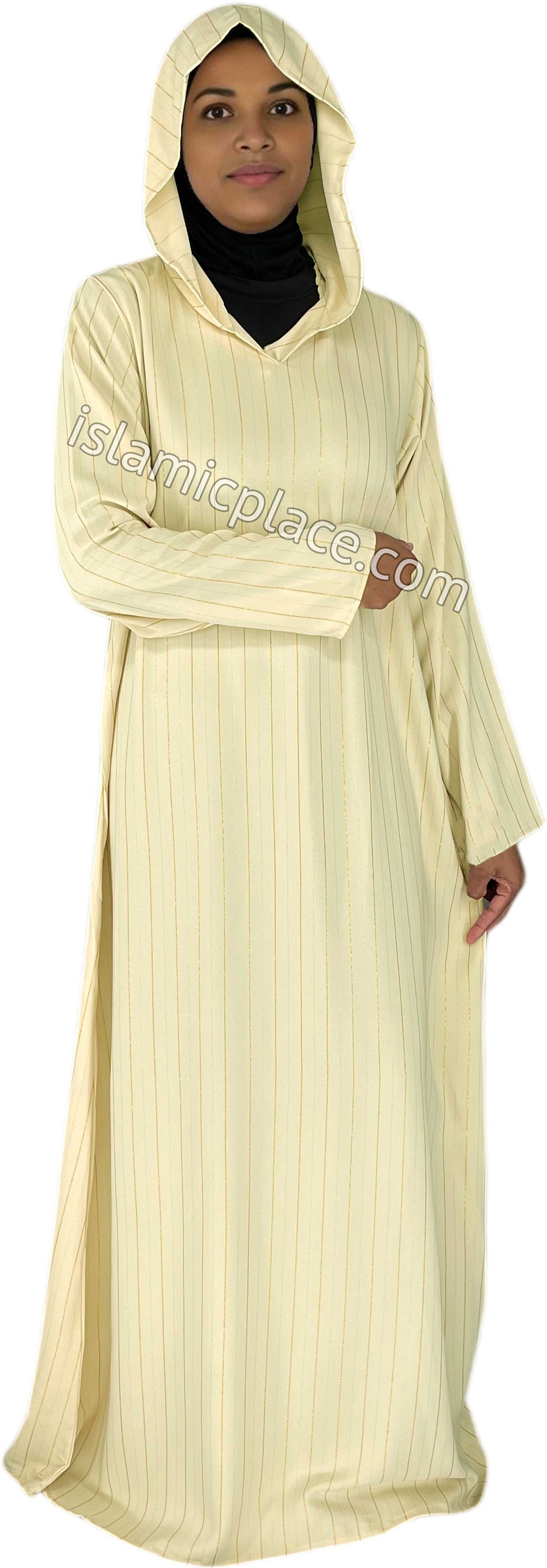 Cream - Haleema Style Moroccan Hooded Abaya with Gold Pinstripe