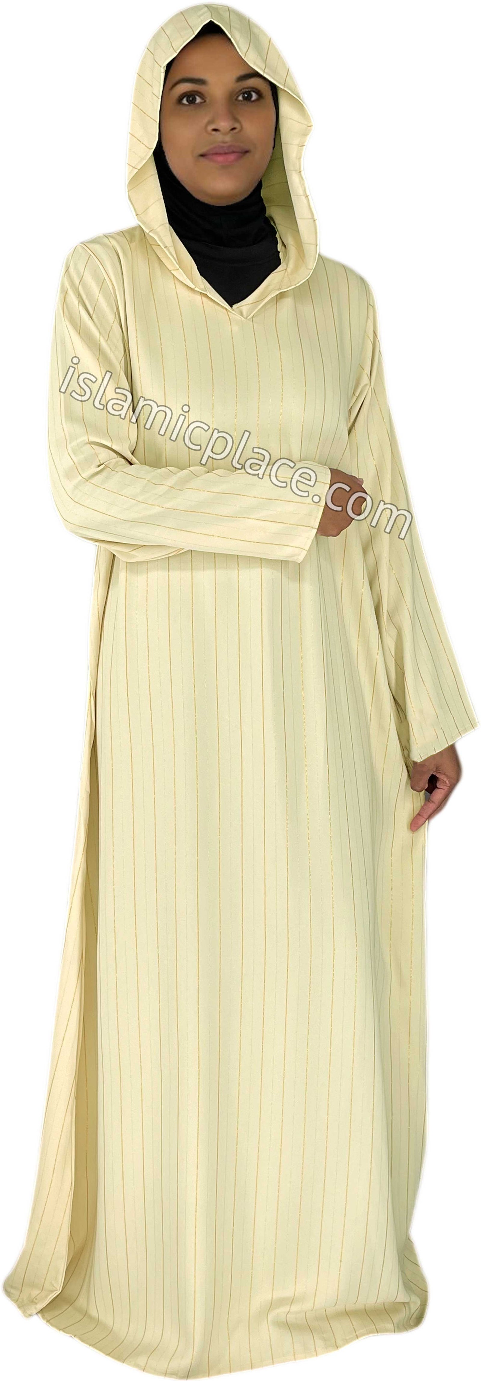 Cream - Haleema Style Moroccan Hooded Abaya with Gold Pinstripe