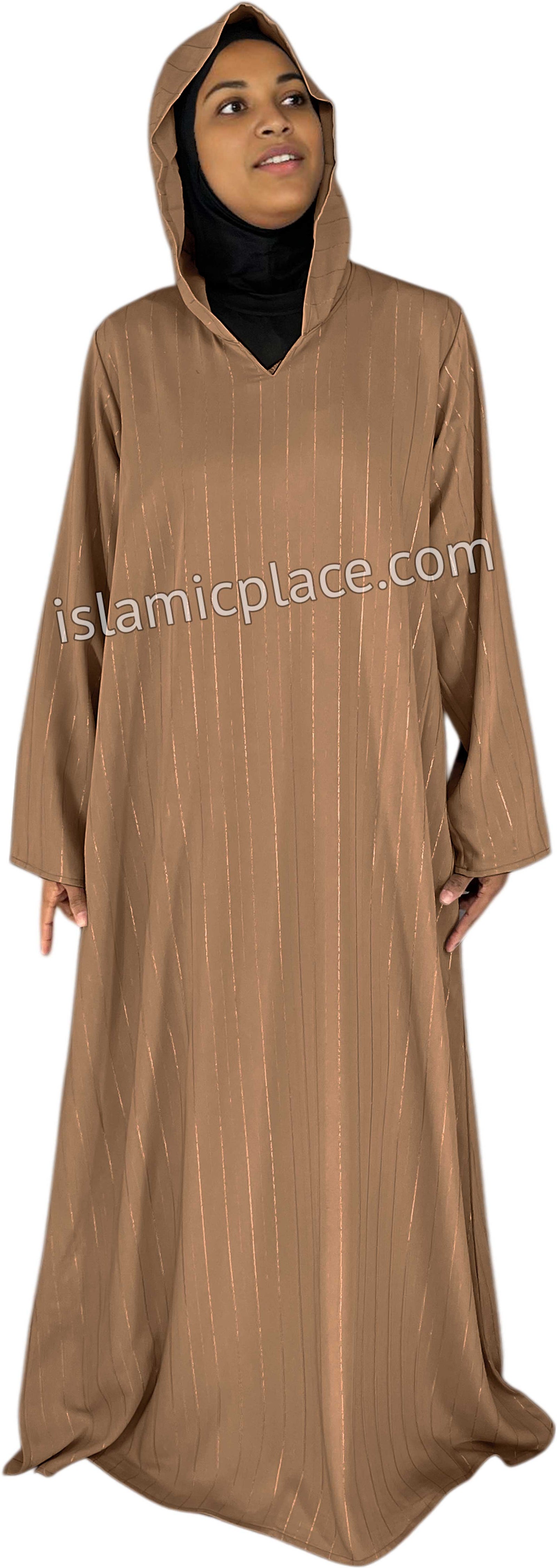 Dark Khaki - Haleema Style Moroccan Hooded Abaya with Gold Pinstripe