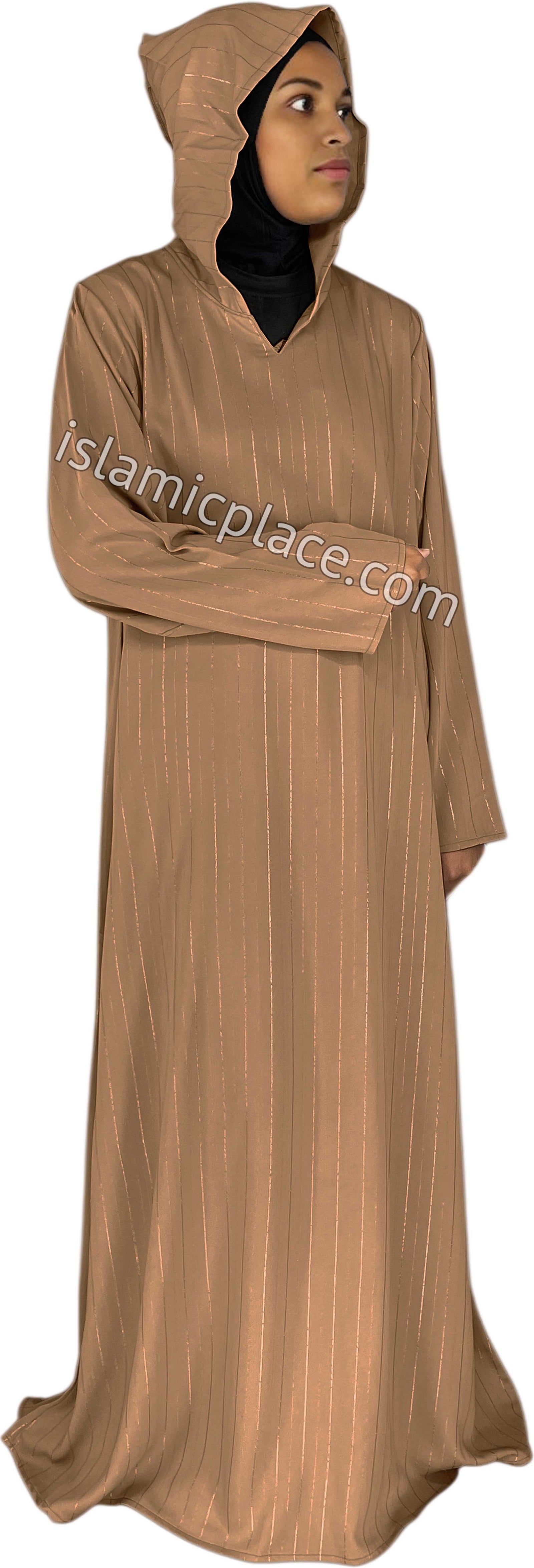 Dark Khaki - Haleema Style Moroccan Hooded Abaya with Gold Pinstripe