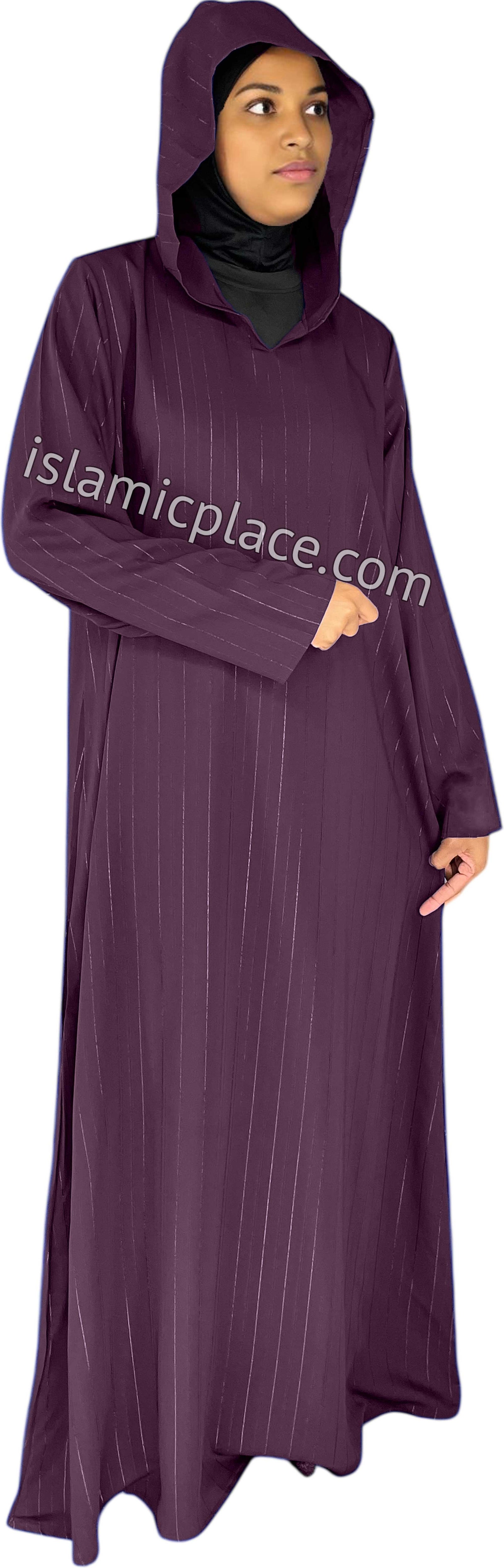 Eggplant - Haleema Style Moroccan Hooded Abaya with Gold Pinstripe