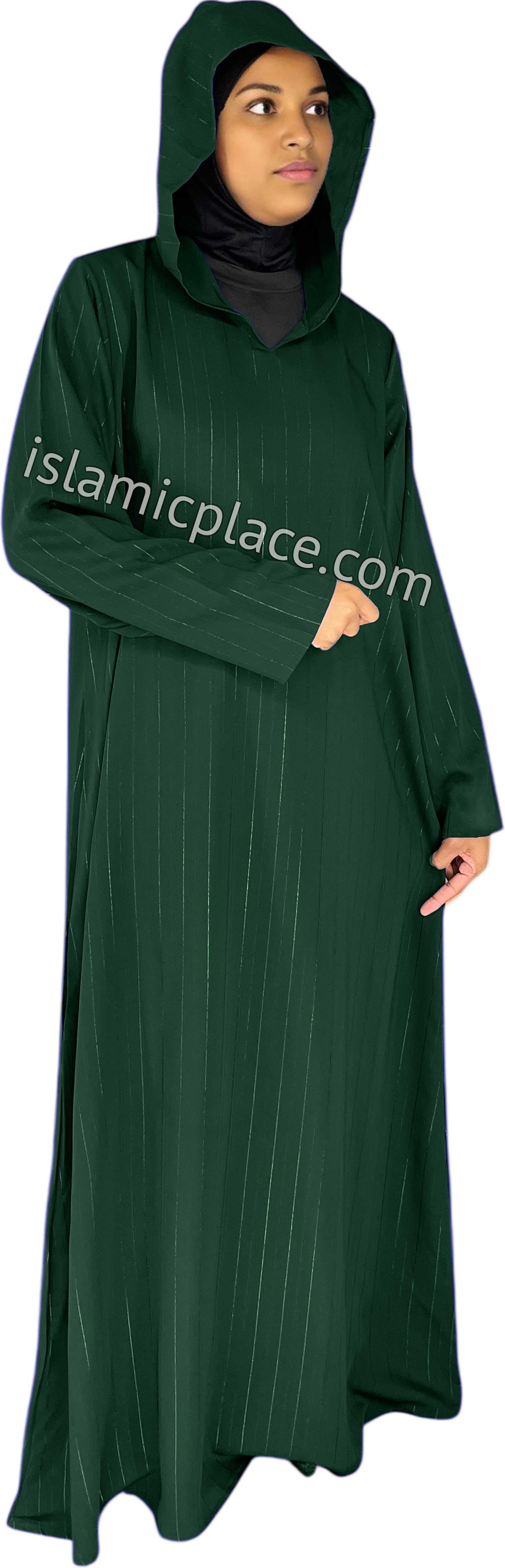 Hunter Green - Haleema Style Moroccan Hooded Abaya with Gold Pinstripe