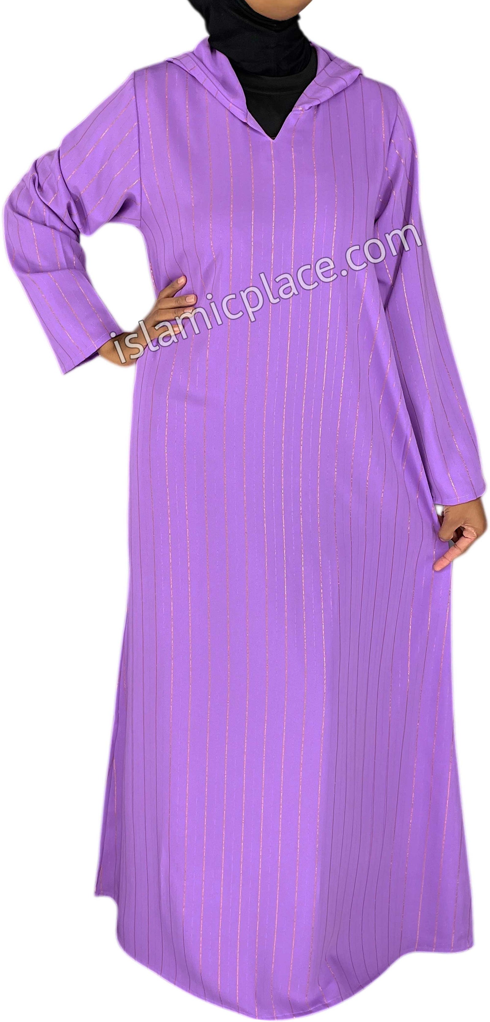Lavender - Haleema Style Moroccan Hooded Abaya with Gold Pinstripe