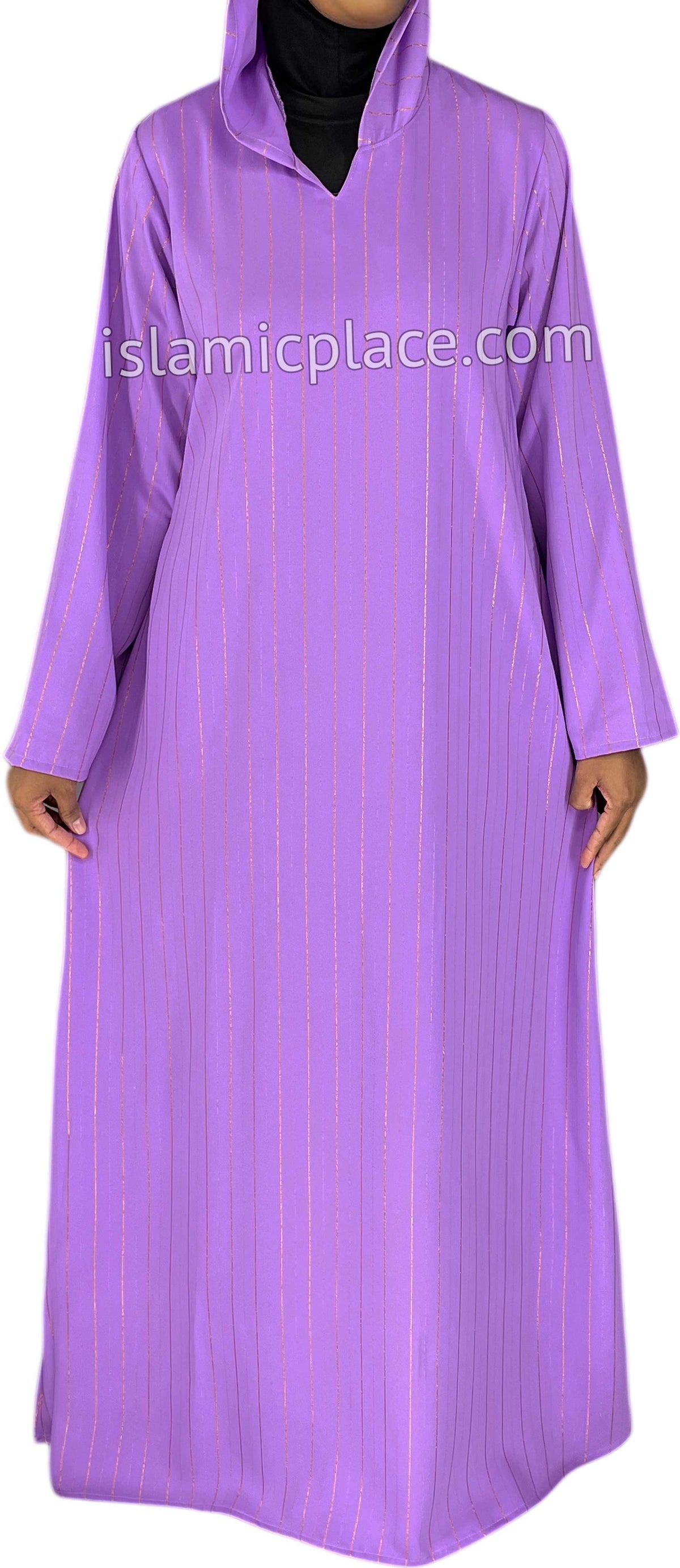 Lavender - Haleema Style Moroccan Hooded Abaya with Gold Pinstripe