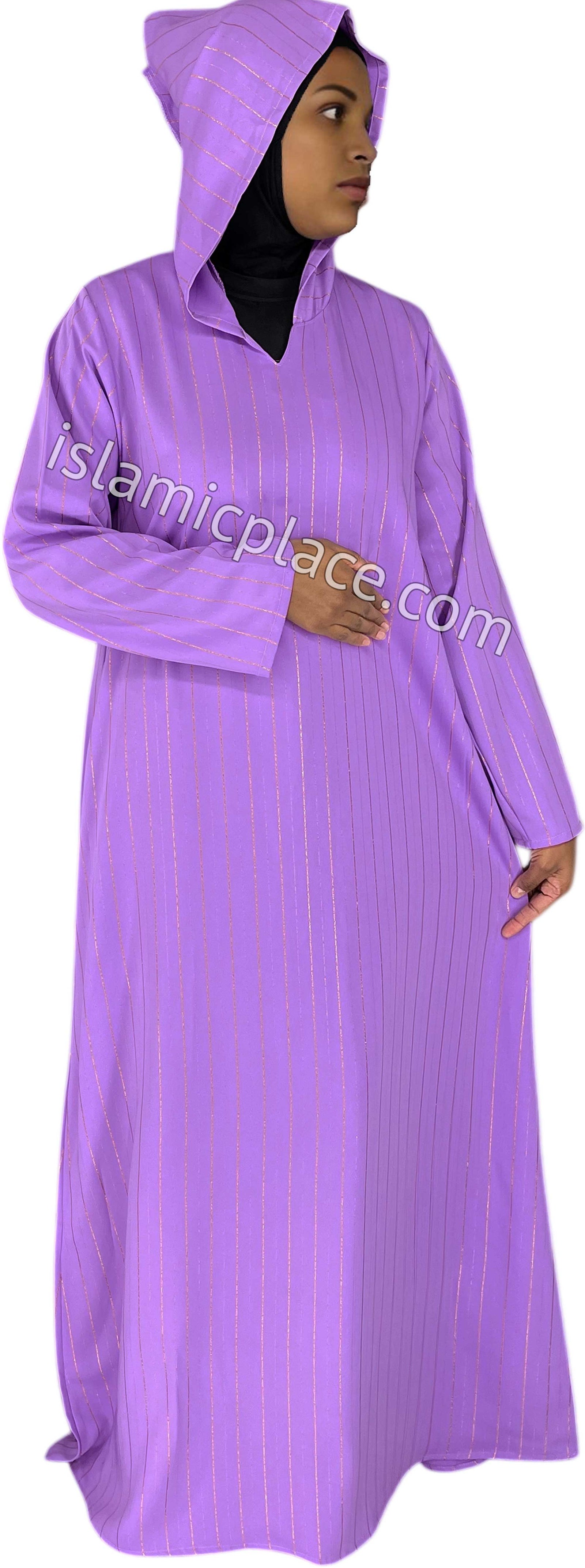Lavender - Haleema Style Moroccan Hooded Abaya with Gold Pinstripe