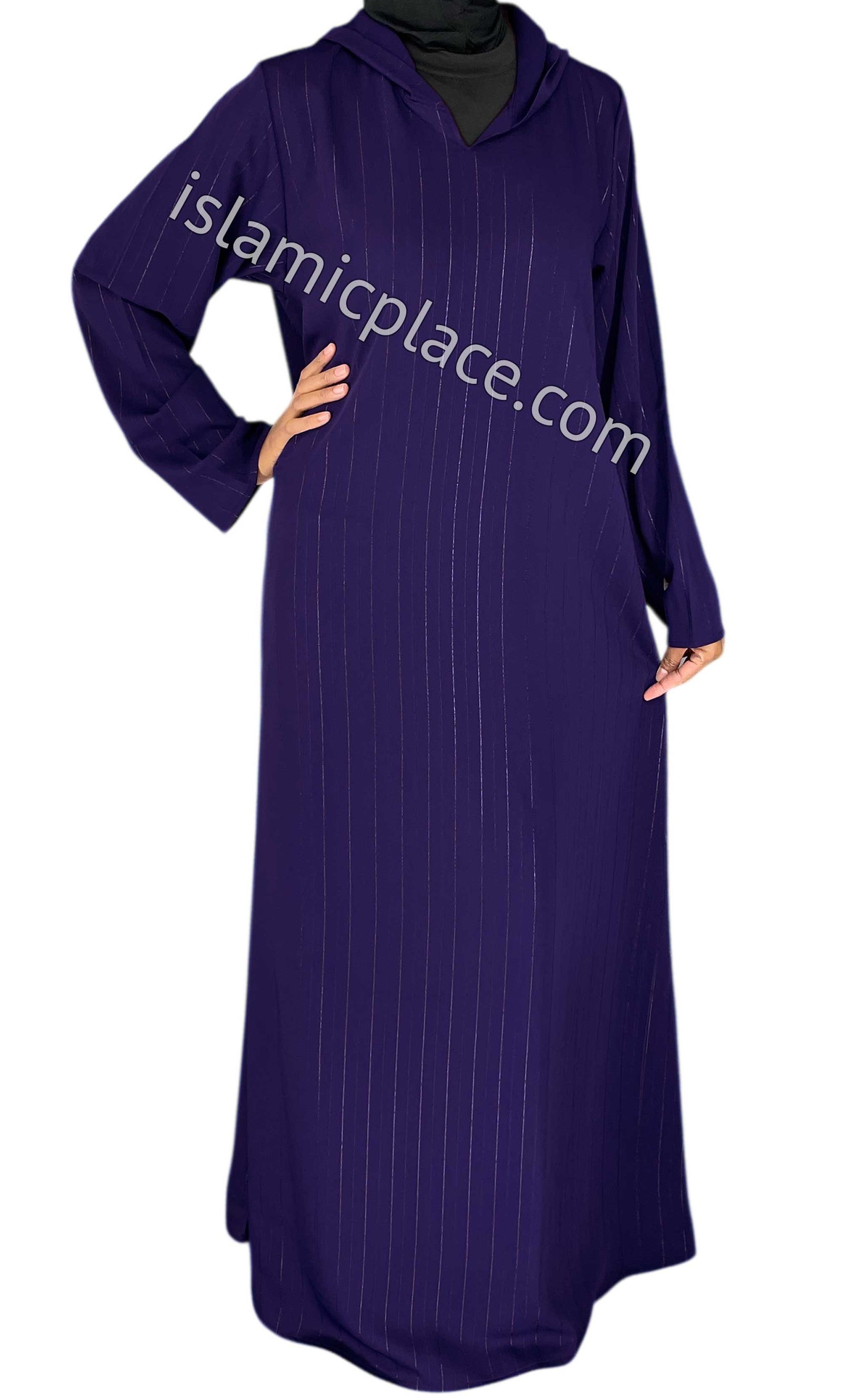 Navy Blue - Haleema Style Moroccan Hooded Abaya with Gold Pinstripe