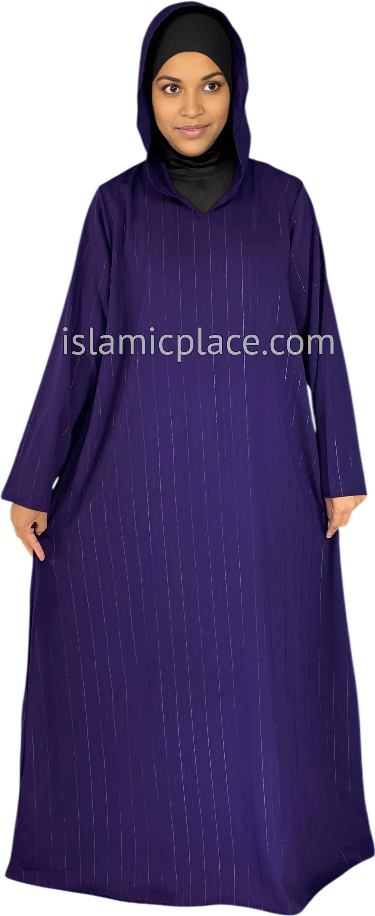 Navy Blue - Haleema Style Moroccan Hooded Abaya with Gold Pinstripe