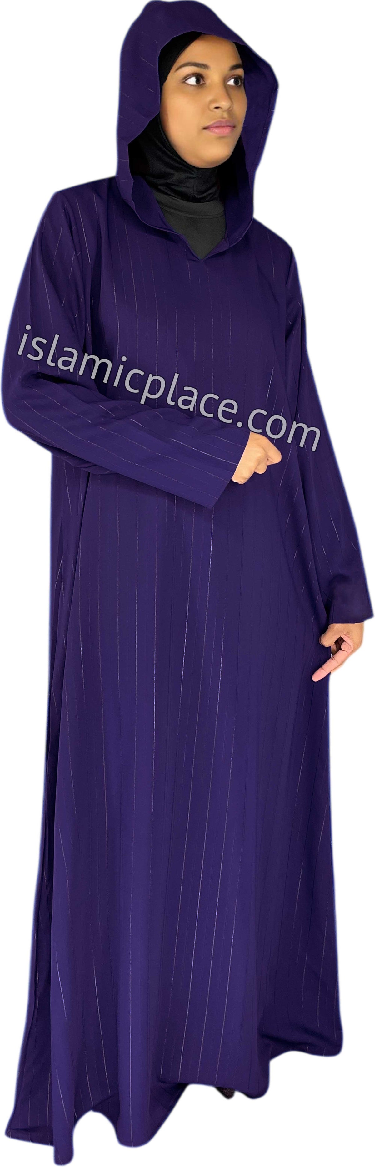Navy Blue - Haleema Style Moroccan Hooded Abaya with Gold Pinstripe