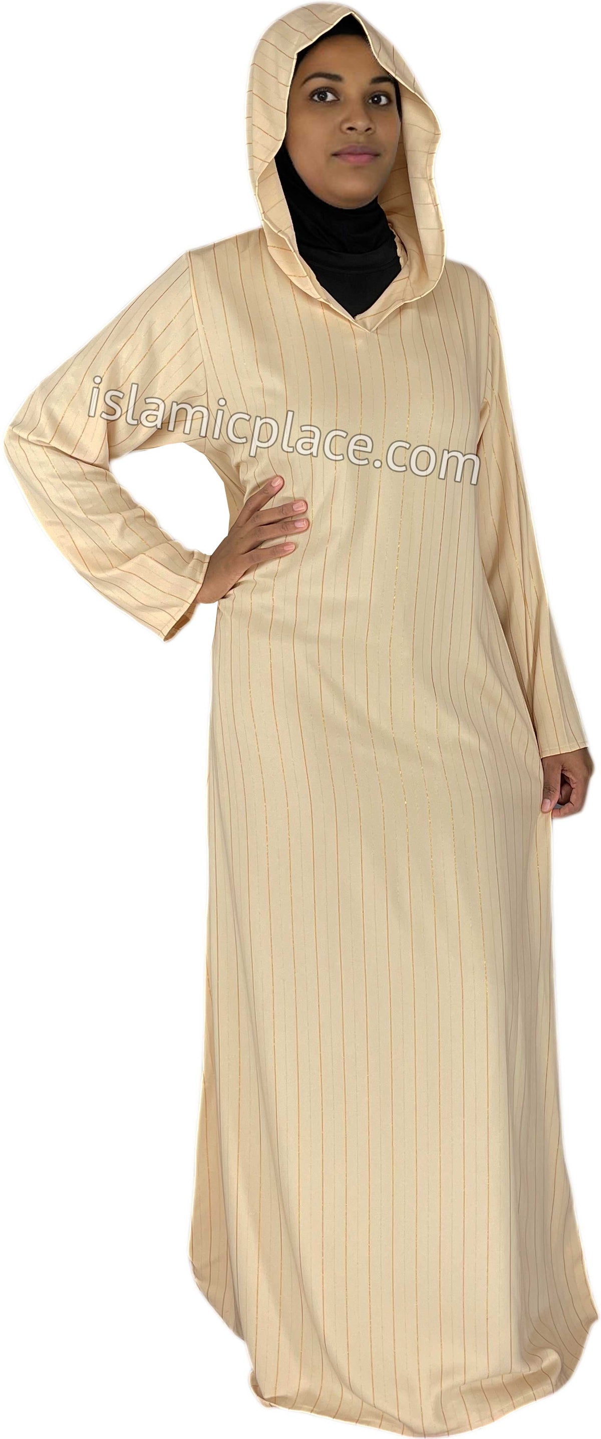 Oatmeal - Haleema Style Moroccan Hooded Abaya with Gold Pinstripe