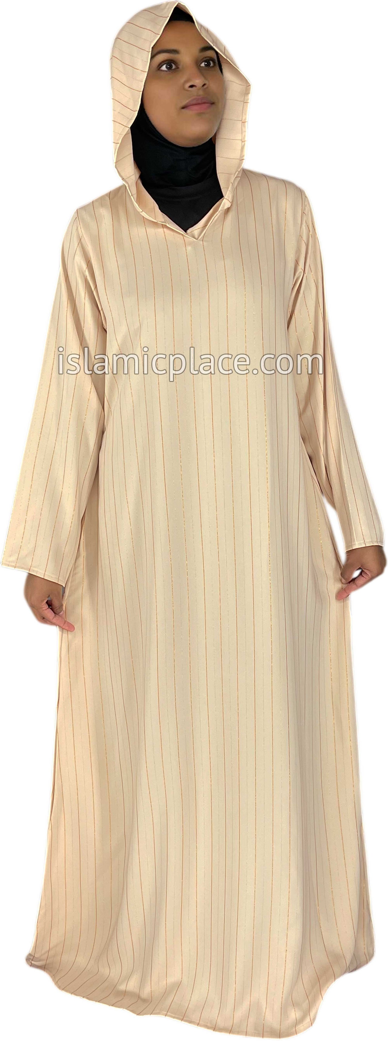 Oatmeal - Haleema Style Moroccan Hooded Abaya with Gold Pinstripe
