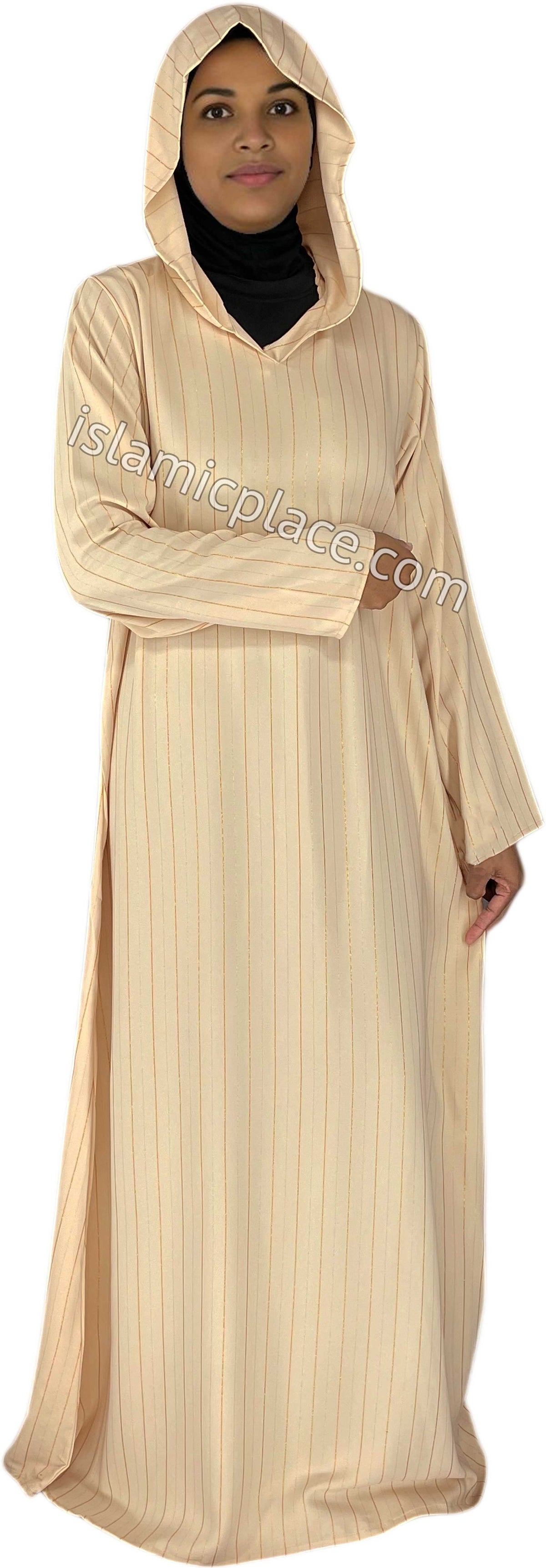 Oatmeal - Haleema Style Moroccan Hooded Abaya with Gold Pinstripe