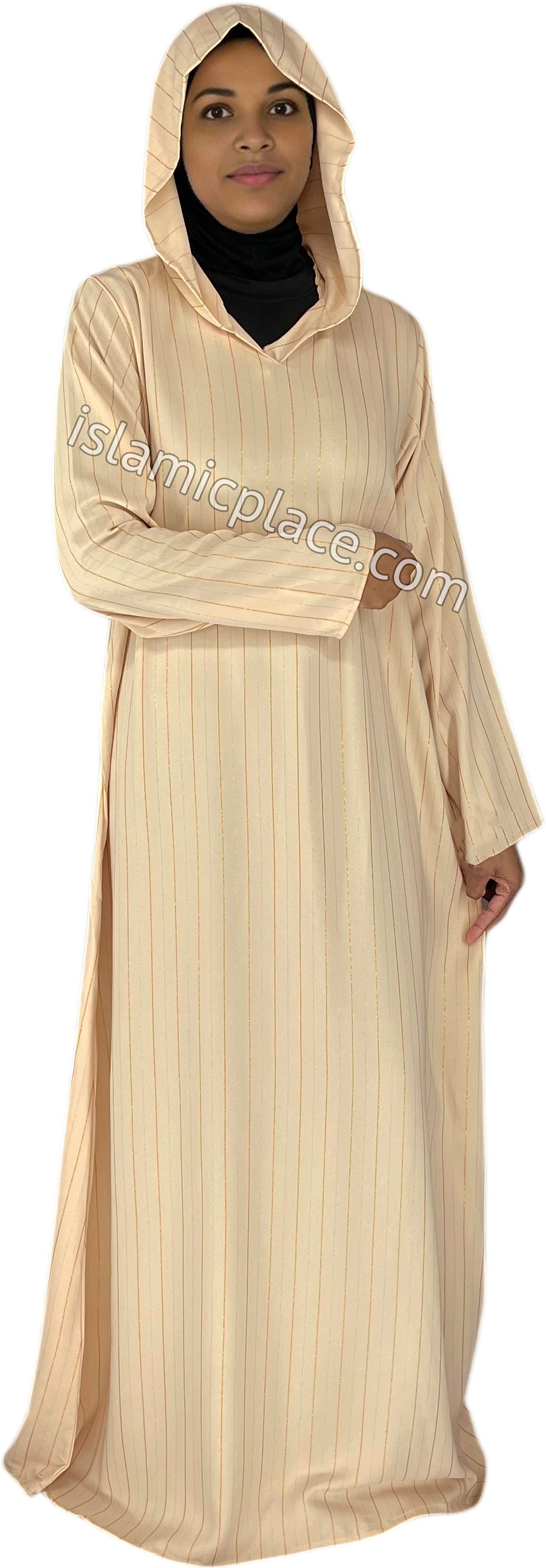 Oatmeal - Haleema Style Moroccan Hooded Abaya with Gold Pinstripe