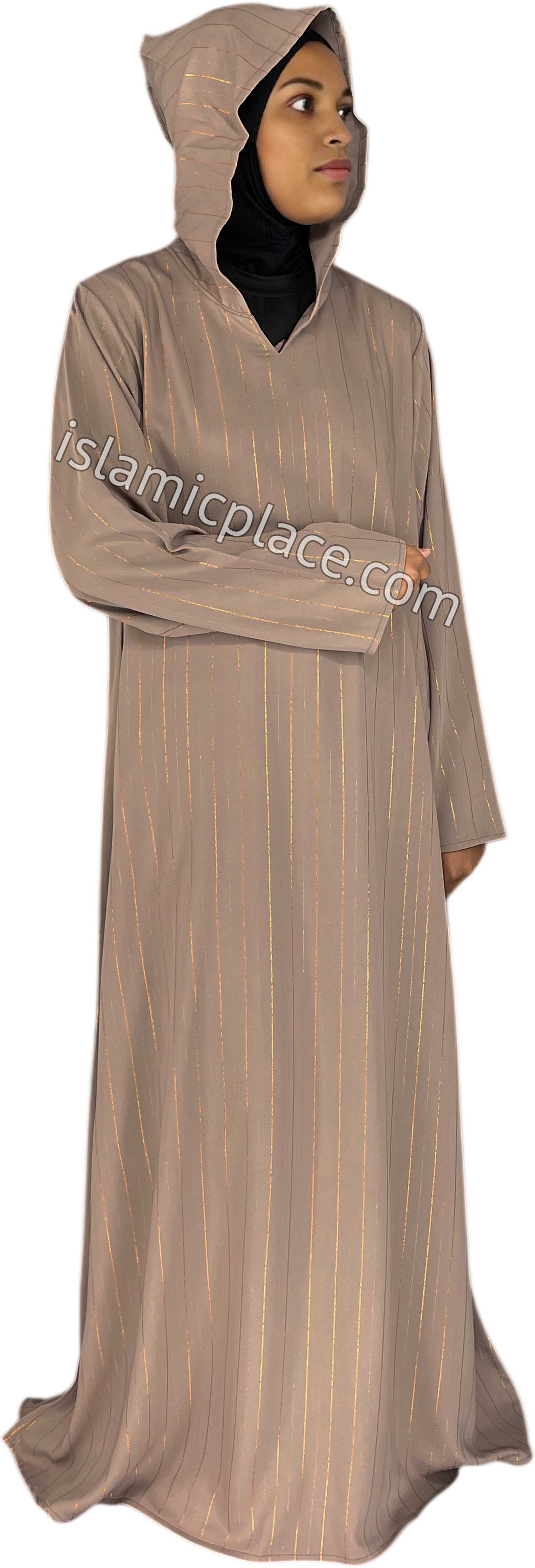 Oyster - Haleema Style Moroccan Hooded Abaya with Gold Pinstripe