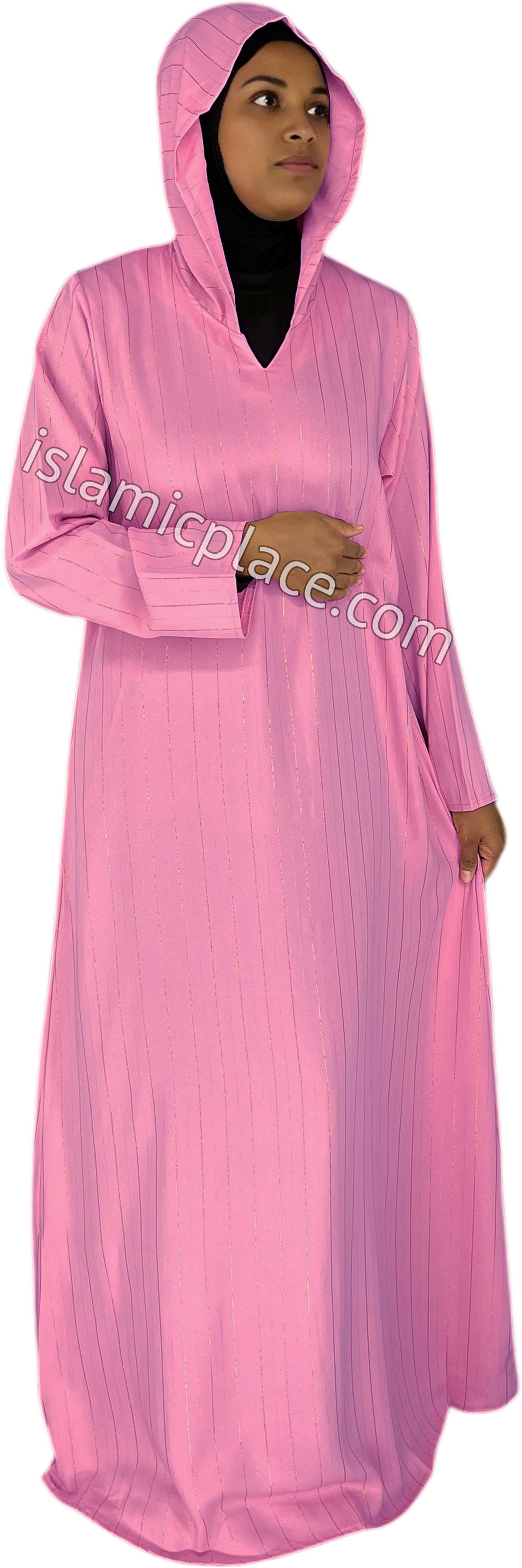Pink - Haleema Style Moroccan Hooded Abaya with Gold Pinstripe