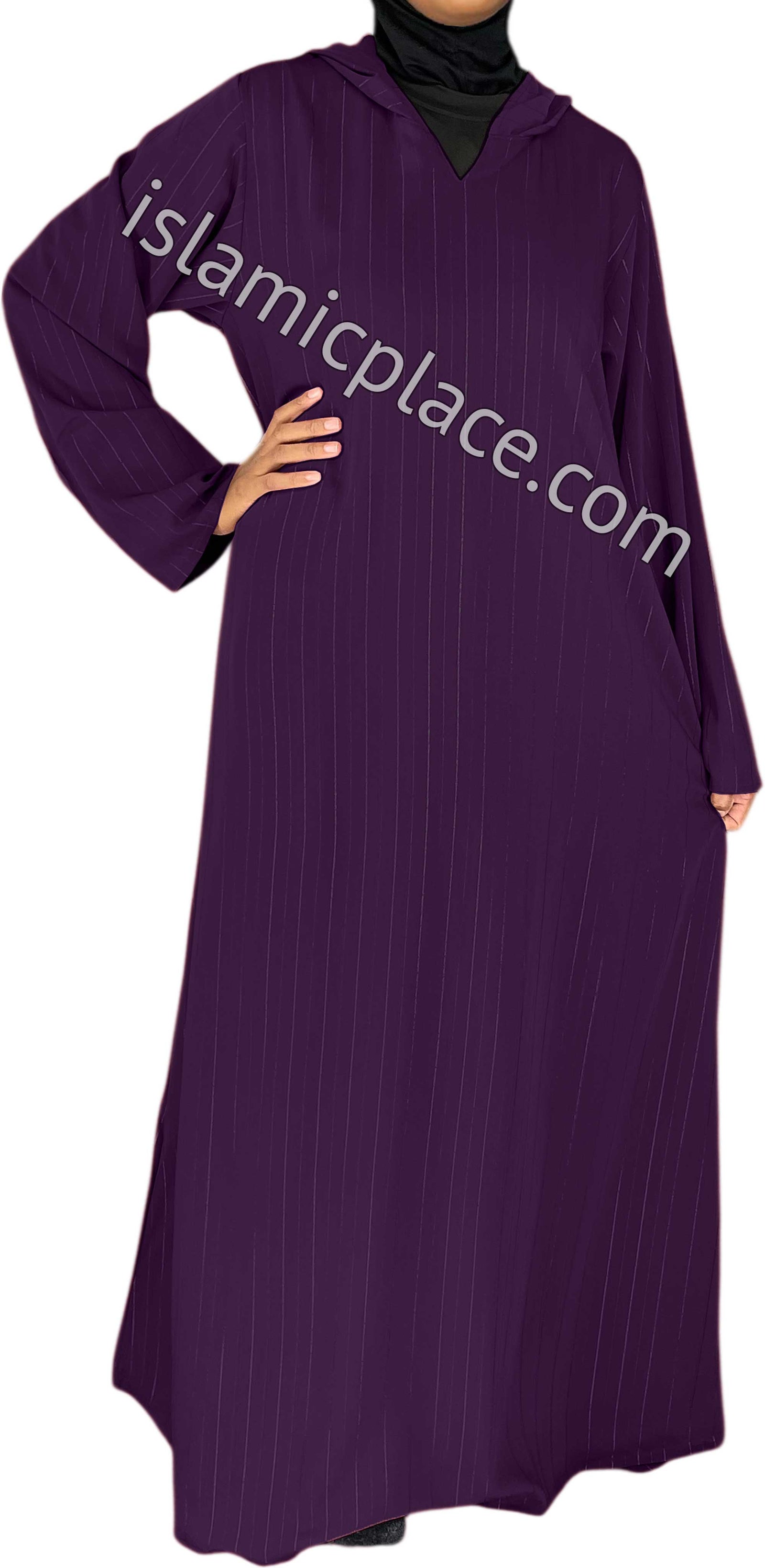 Plum - Haleema Style Moroccan Hooded Abaya with Gold Pinstripe